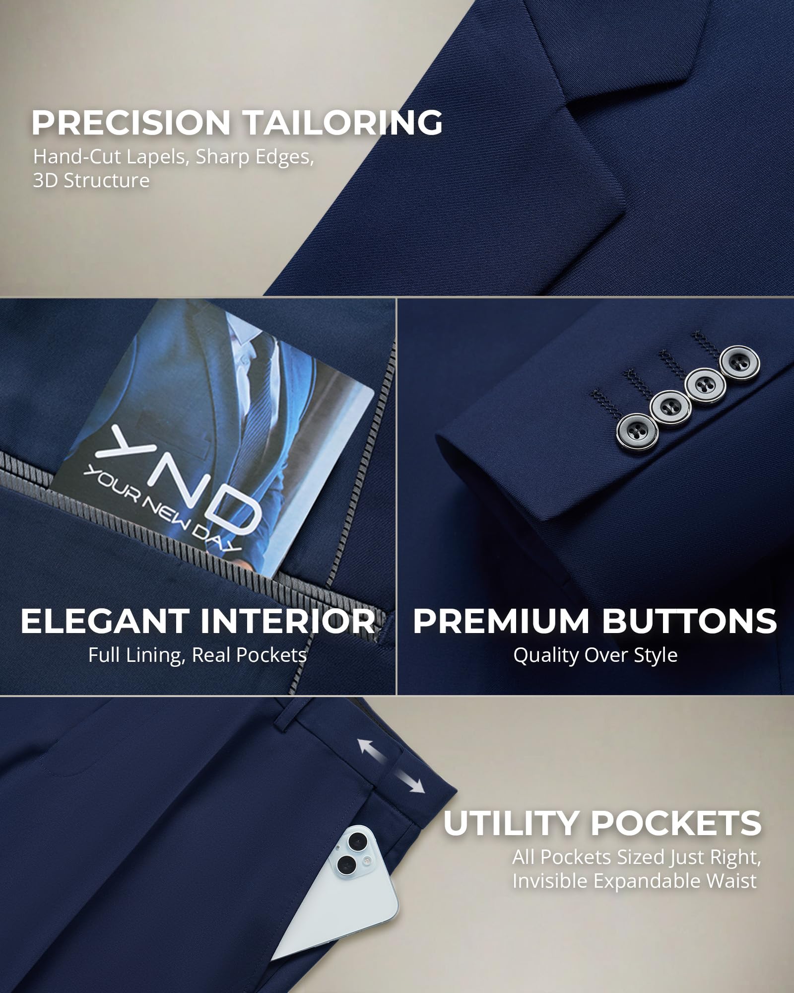 YND Men's 2 Piece Suit with Tie, One Button Slim Fit Solid Jacket and Pants Set, Suits for Men Prom Party Wedding & Business, Deep Blue