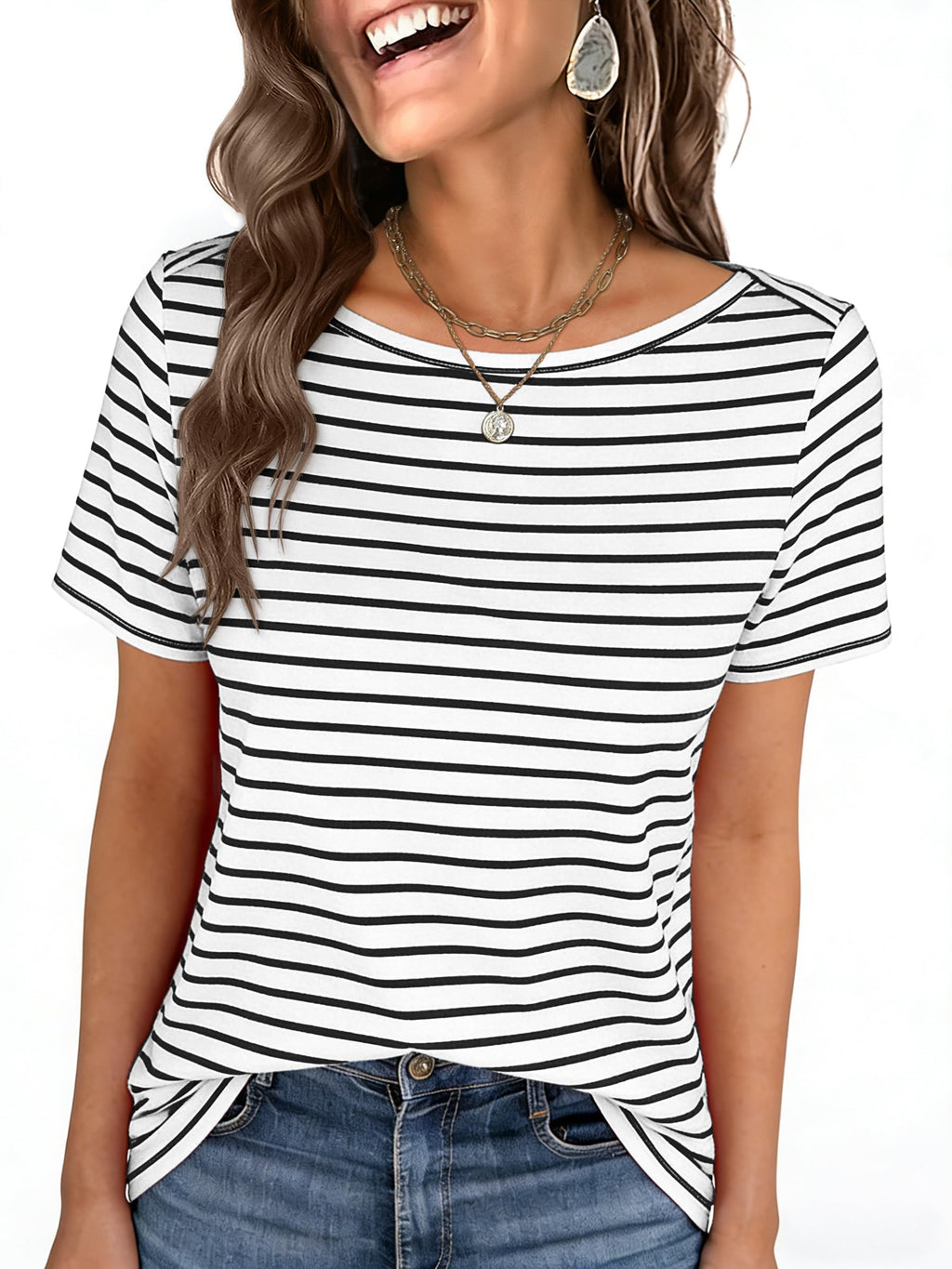 ANRABESS Womens Boat Neck Tops Short Sleeve T-Shirts Causal Fashion Tee Shirts 2026 Summer Spring Clothes Black White Stripe Medium