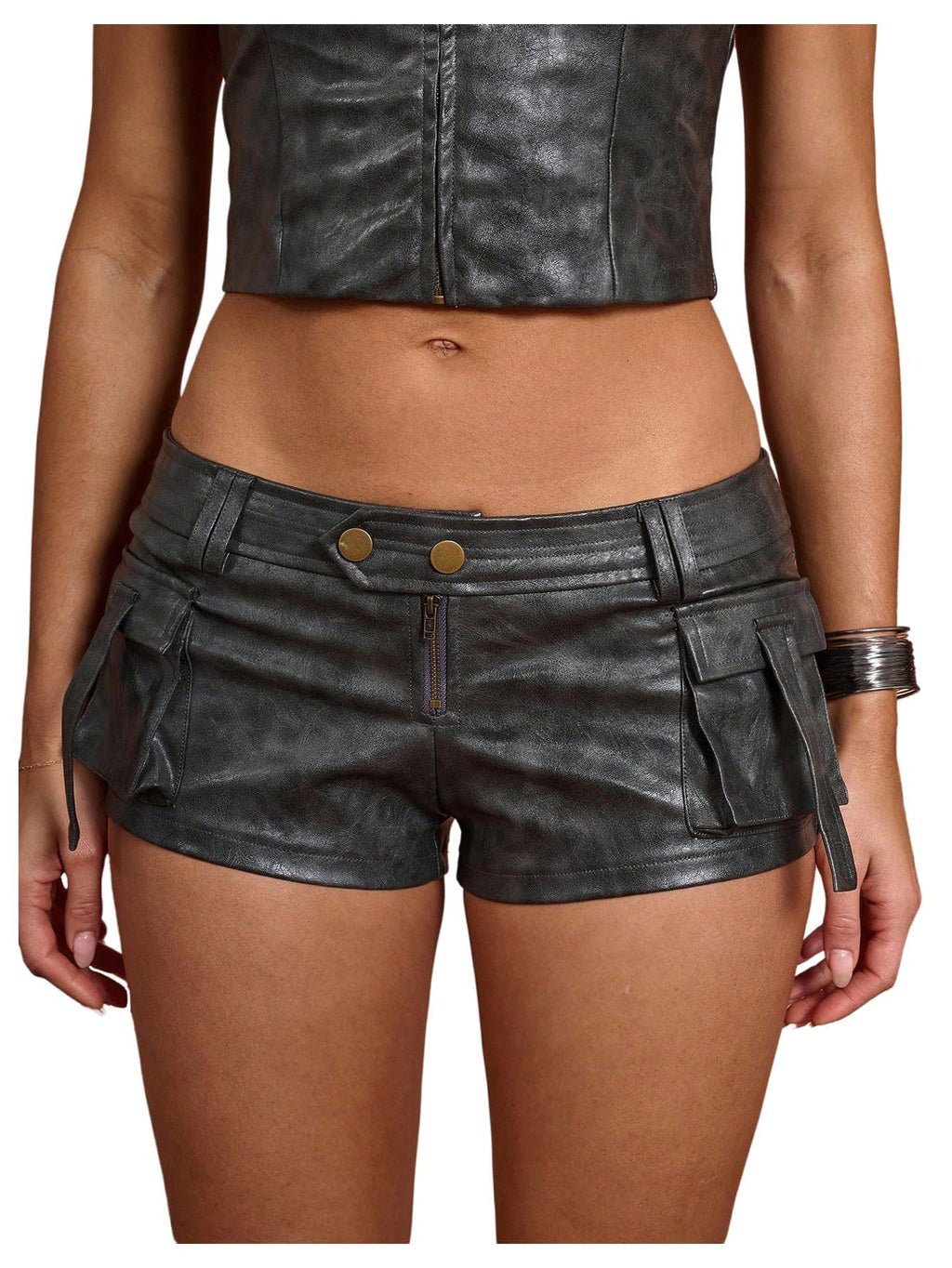 WDIRARA Women's Faux Leather Skinny Micro Shorts Y2k Low Rise Cargo Shorts Party Rave Clubwear Dark Grey Small
