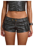 WDIRARA Women's Faux Leather Skinny Micro Shorts Y2k Low Rise Cargo Shorts Party Rave Clubwear Dark Grey Small