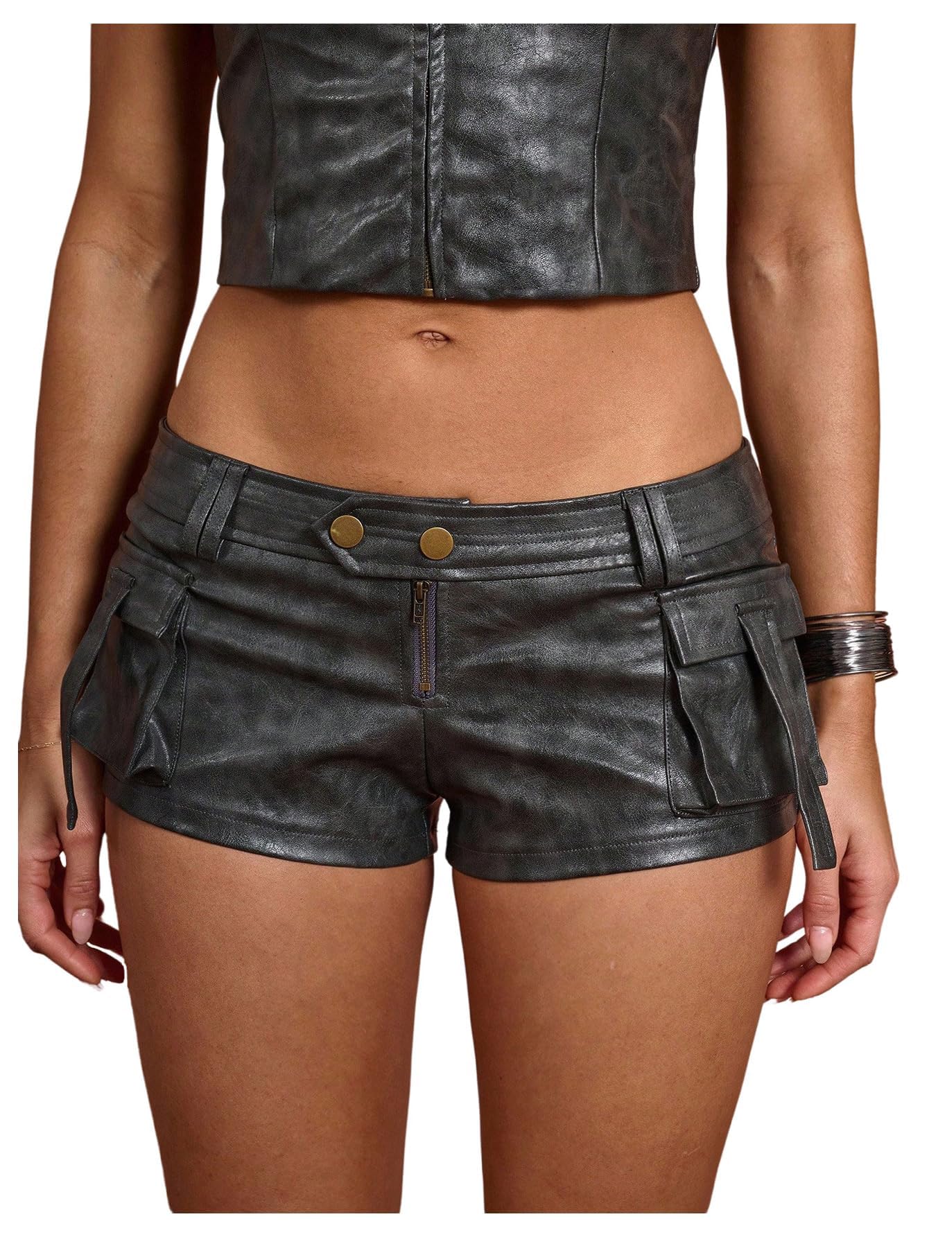 WDIRARA Women's Faux Leather Skinny Micro Shorts Y2k Low Rise Cargo Shorts Party Rave Clubwear Dark Grey Small