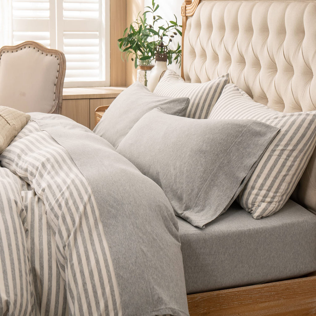 PURE ERA Jersey Knit 4pc Bed Sheet Set 100% T-Shirt Heather Cotton Super Soft Comfy Breathable Fits Mattress Up to 20" Extra Deep Pocket (Heather Light Grey, Cal King)