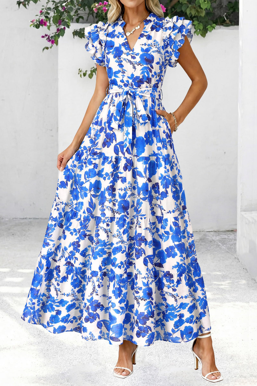 dowerme Women Summer Maxi Dresses 2026 Ruffle Sleeve V Neck Floral Boho Long Dress Belted Tiered Sundress with Pockets(White Blue Flower,Medium)