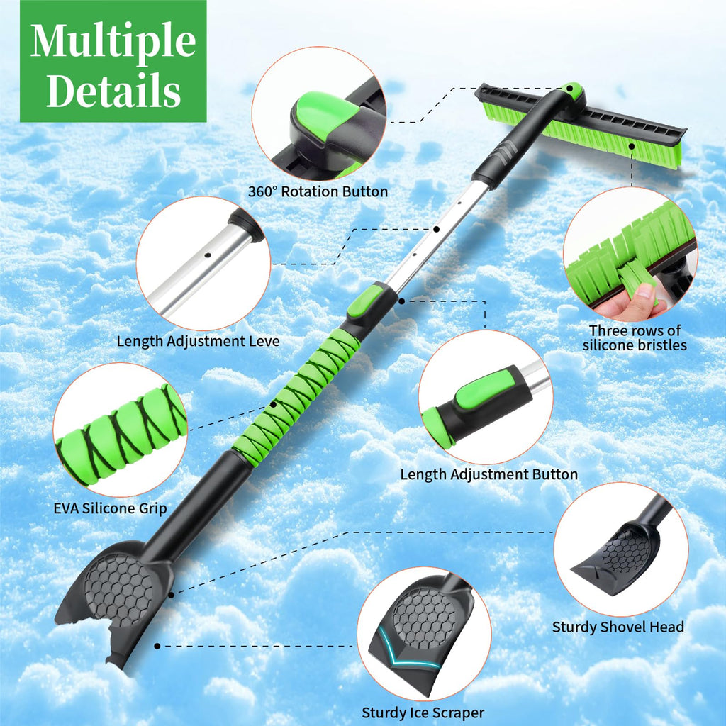 45.6" Ice Scraper and Snow Brush for Car Windshield [Silicone Bristles] ,3-in-1 Extendable Emergency Snow Shovel with Ergonomic Foam Grip and 360° Pivoting Brush Head for Christmas, Car Auto Truck SUV