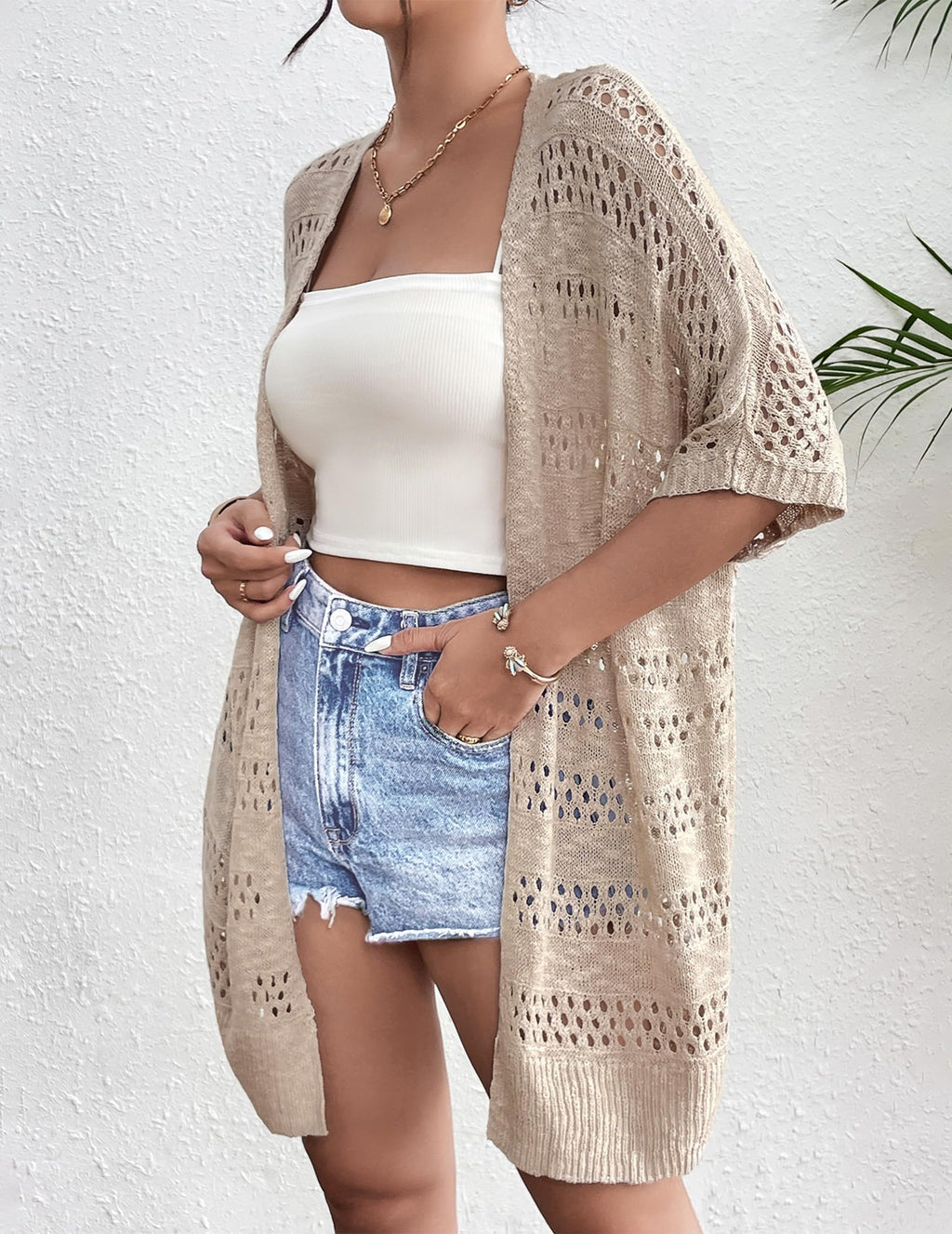 Zeagoo Women's Light Weight Crochet Cardigan Beige Cute Short Sleeve Loose Casual Crochet Cardigans for Summer