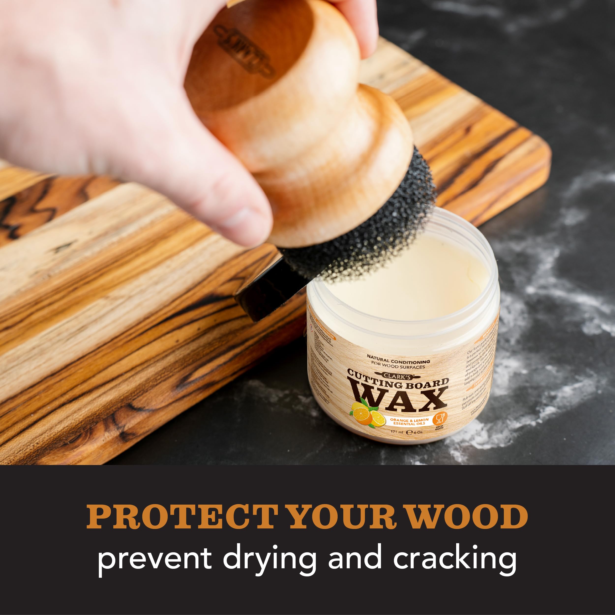 CLARK’S Cutting Board Oil and Wax Kit – Includes Food Grade Mineral Oil (12oz), Finishing Wax (6oz), Applicator, & Buffing Pad to Clean and Protect Wood, Enriched with Natural Lemon & Orange Extract