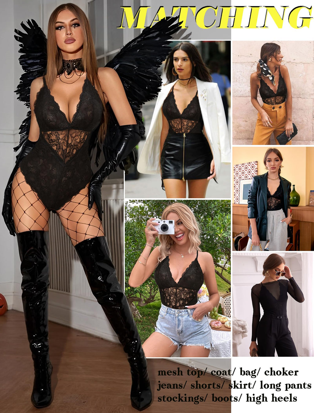 Avidlove Lingerie Deep V Lace Lingerie Bodysuit Women Teddy One Piece Babydoll (Black, M)