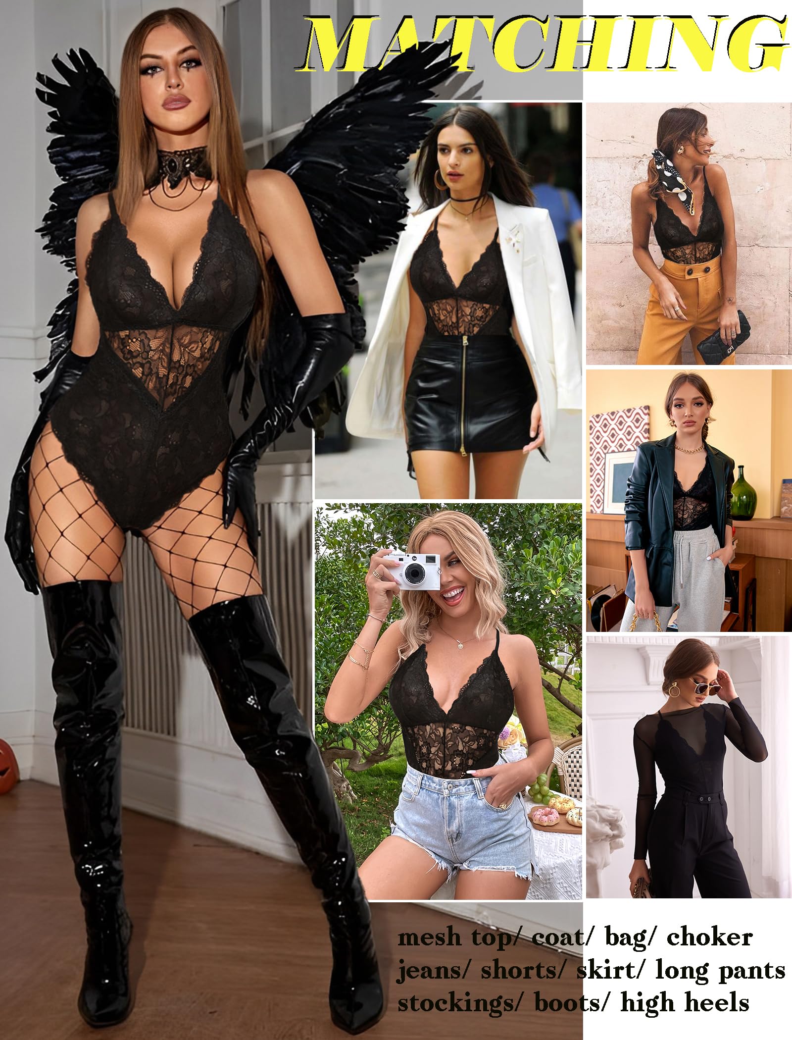Avidlove Lingerie Deep V Lace Lingerie Bodysuit Women Teddy One Piece Babydoll (Black, M)