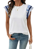 Acelitt Womens Summer Ruffle Short Sleeve Top Crewneck T Shirts Boho Floral Trim Casual Blouses 2026 Fashion Clothes Outfits Blue Medium