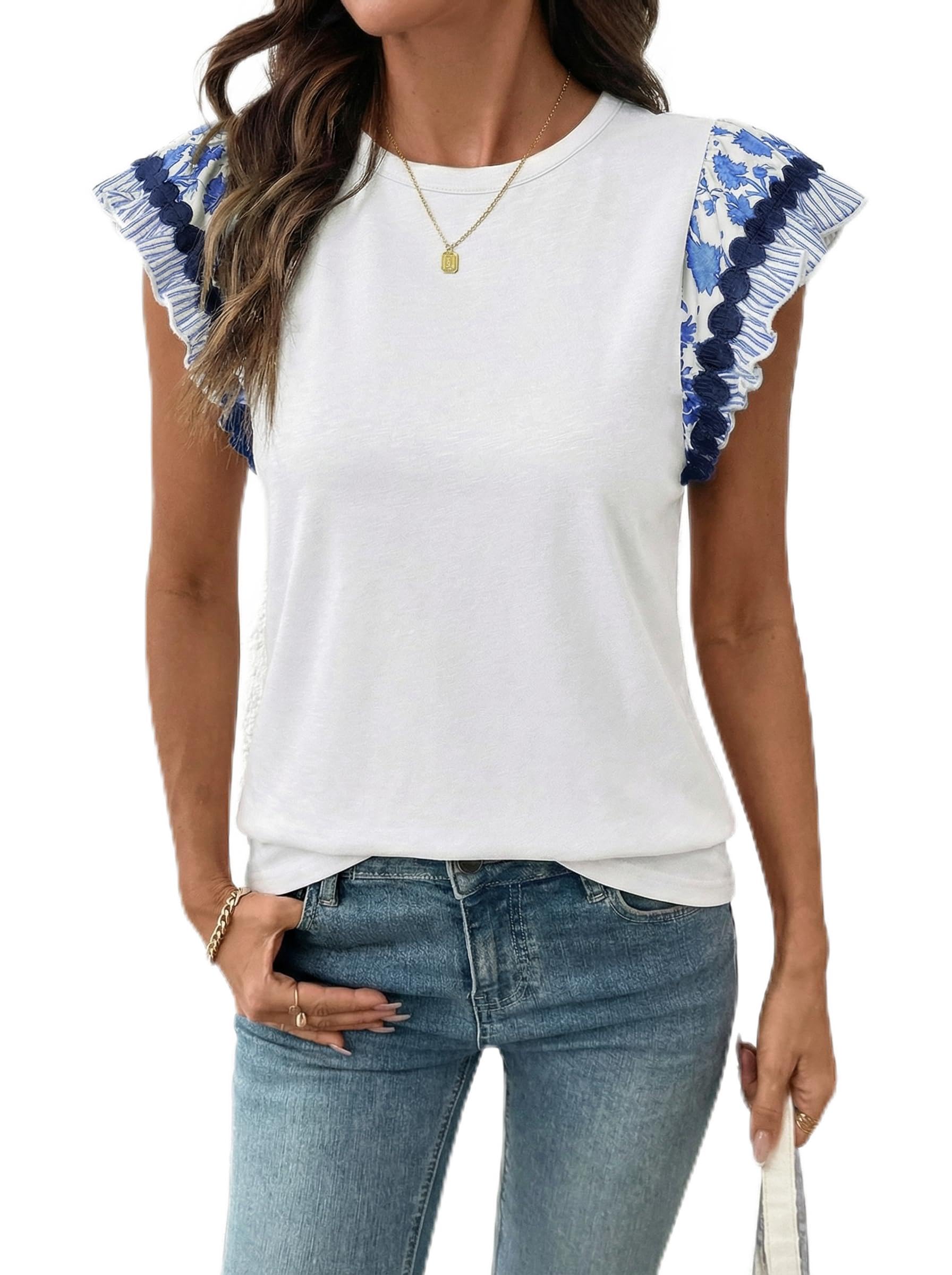 Acelitt Womens Summer Ruffle Short Sleeve Top Crewneck T Shirts Boho Floral Trim Casual Blouses 2026 Fashion Clothes Outfits Blue Medium