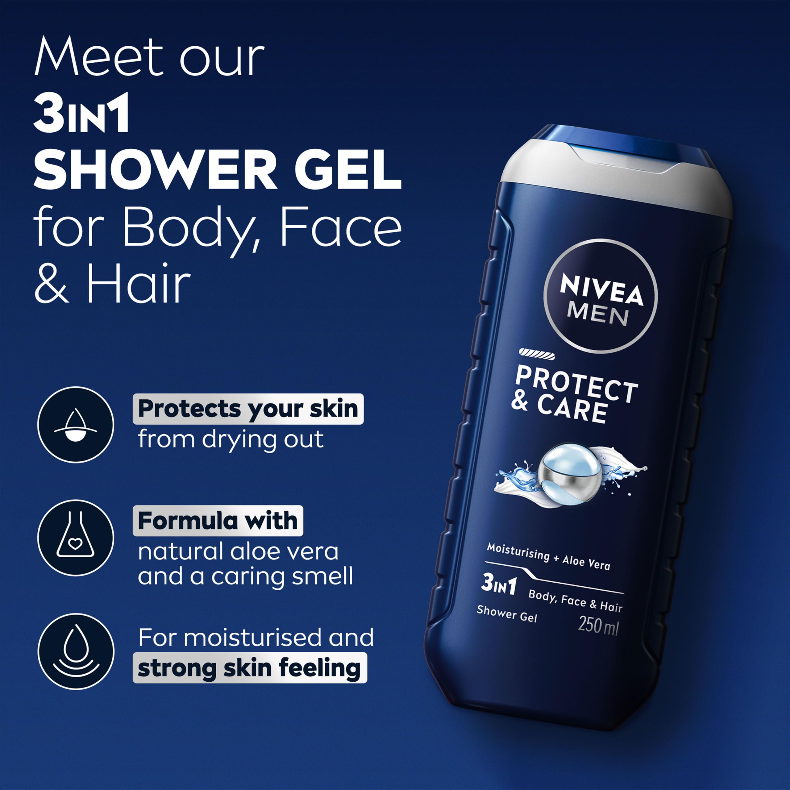 NIVEA MEN Protect & Care Shower Gel (250 ml), Moisturising 3-in-1 Body Wash for Men with Aloe Vera, Energising NIVEA MEN Shower Gel