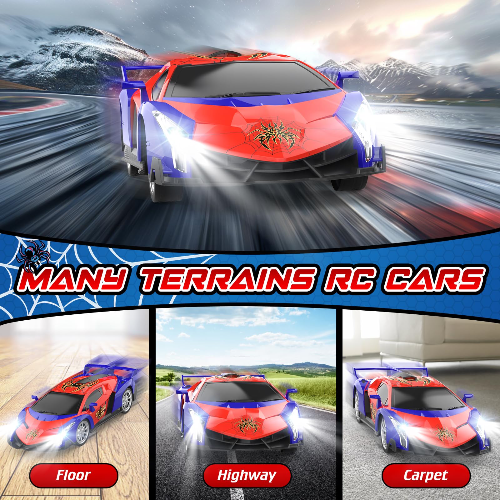 Growsland Remote Control Car, 2.4Ghz Rc Cars for Boys 4-7 8-12, Electric Kids Toys for Kids with Cool LED Lights, Rechargeable Hobby Race Cars Toys for Boys Girls Ages 4-6 5-7 6-8 8-12 Birthday Gift