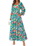 PRETTYGARDEN Women Floral Maxi Dresses 2026 Spring Long Sleeve Square Neck Boho A Line Wedding Guest Casual Flowy Long Dress(Green Floral,X-Large)