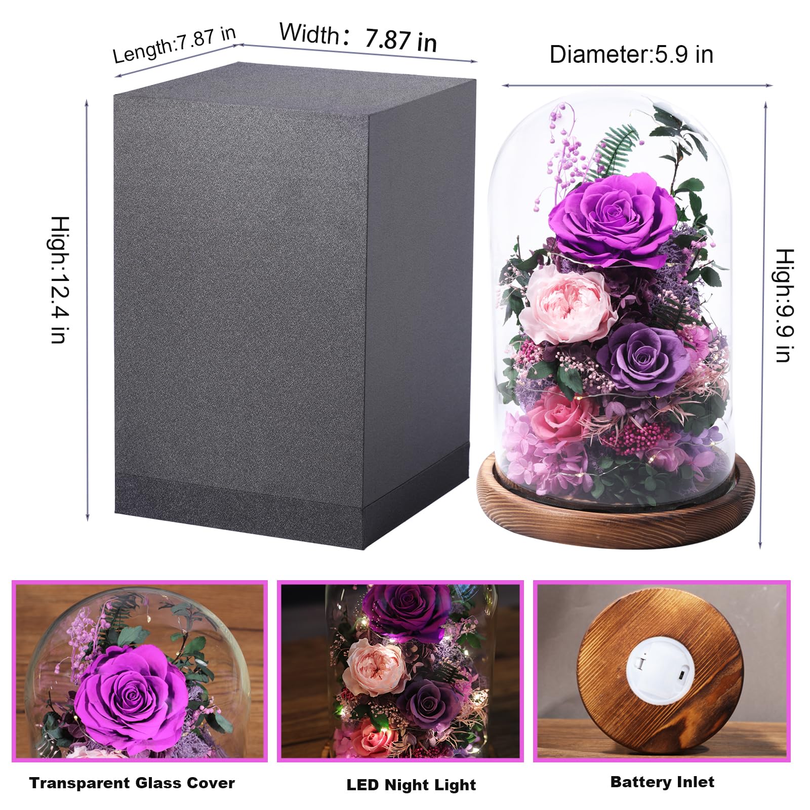 lovenfold Flowers for Delivery Preserved Flowers Rose in Glass Dome, Purple Rose Forever Flowers Birthday Gifts for Women Mom Grandma Friend Gifts for Her, Home Decor
