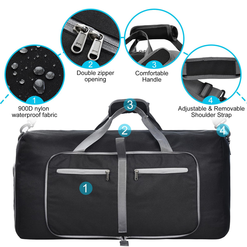 Felipe Varela 65L Duffle Bag with Shoes Compartment, Foldable Waterproof Travel Duffel Bags Duffle Overnight Weekend Travel Gym Bag for Men Women(Black)