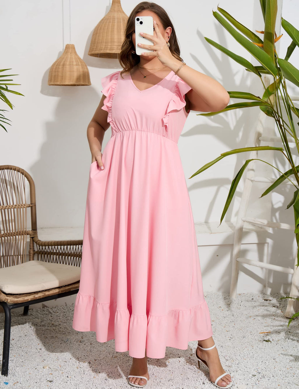 KOJOOIN Women's Plus Size Summer Dress with Pocket Ruffle Cap Sleeveless V Neck Side Split Long Beach Maxi Dress Pink XL