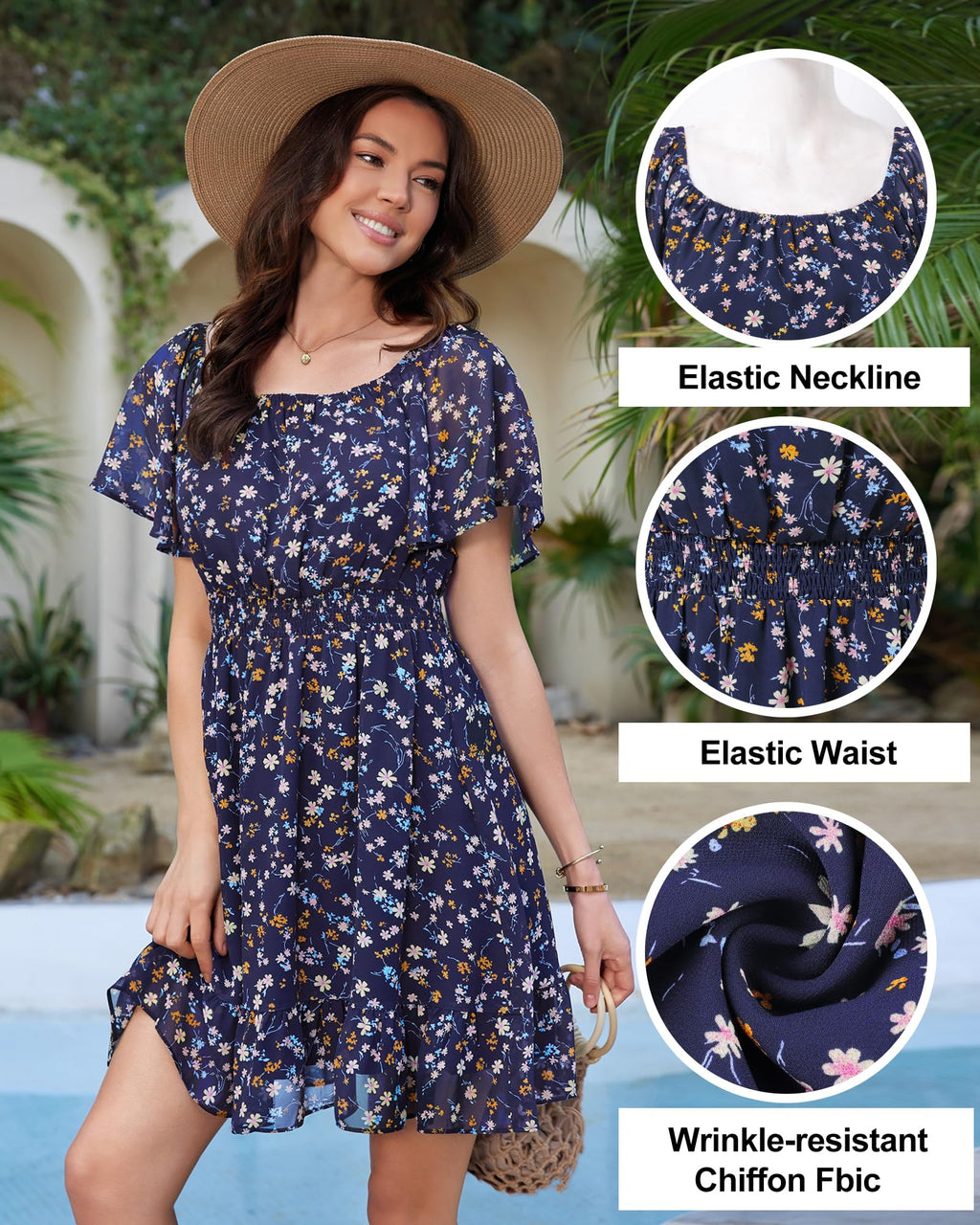 Timeson Women's Summer Dresses：Formal Casual Lightweight Flattering Floral Short Sleeve Dress for Women Busty Work Church Party — Beach Dress Boho Cute Flowy Chiffon Wedding Guest Spring Outfits M