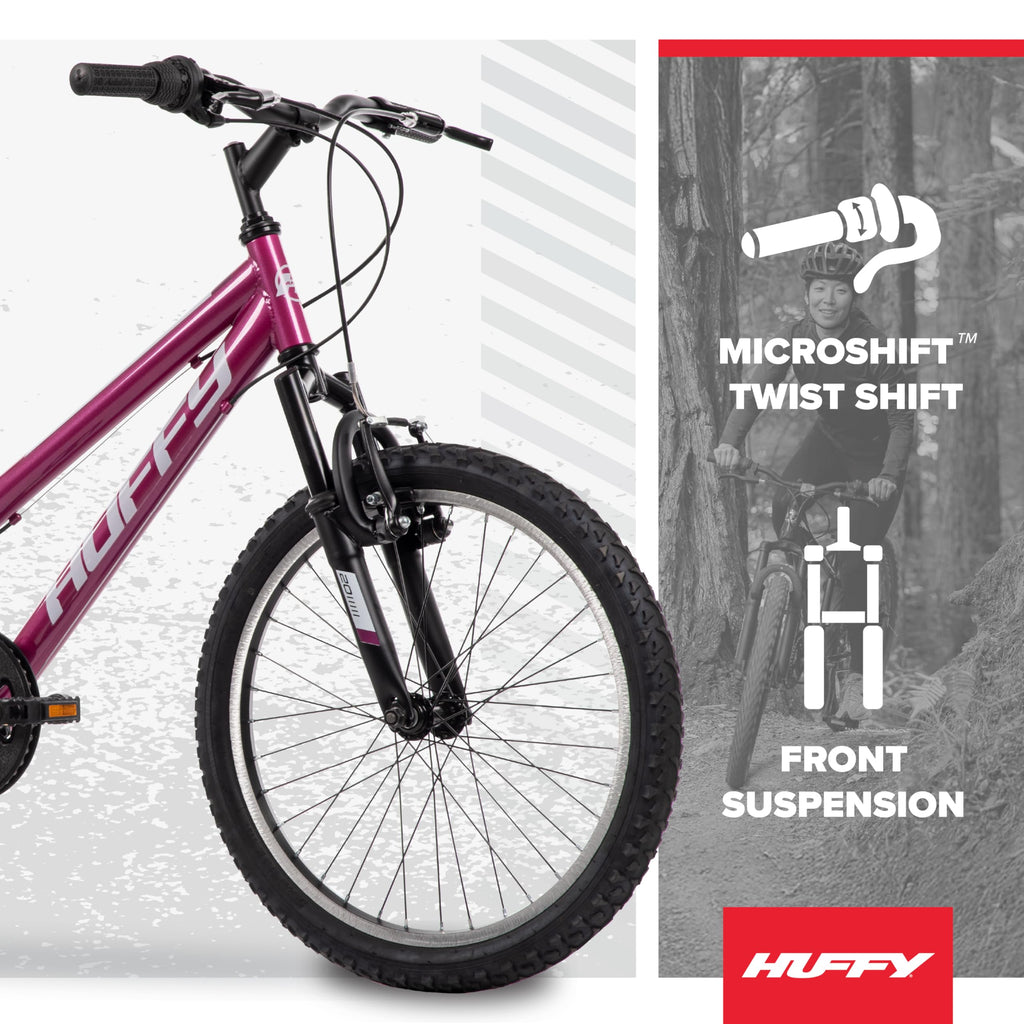 Huffy Stone Mountain Womens 20 Inch Mountain Bike, Orchid Gloss Frame, 6-Speed Shimano Twist Shifting, Front Suspension, Comfort Saddle | 20"/24"/26" Sizes, 6-21 Speeds, Dual Suspension Available