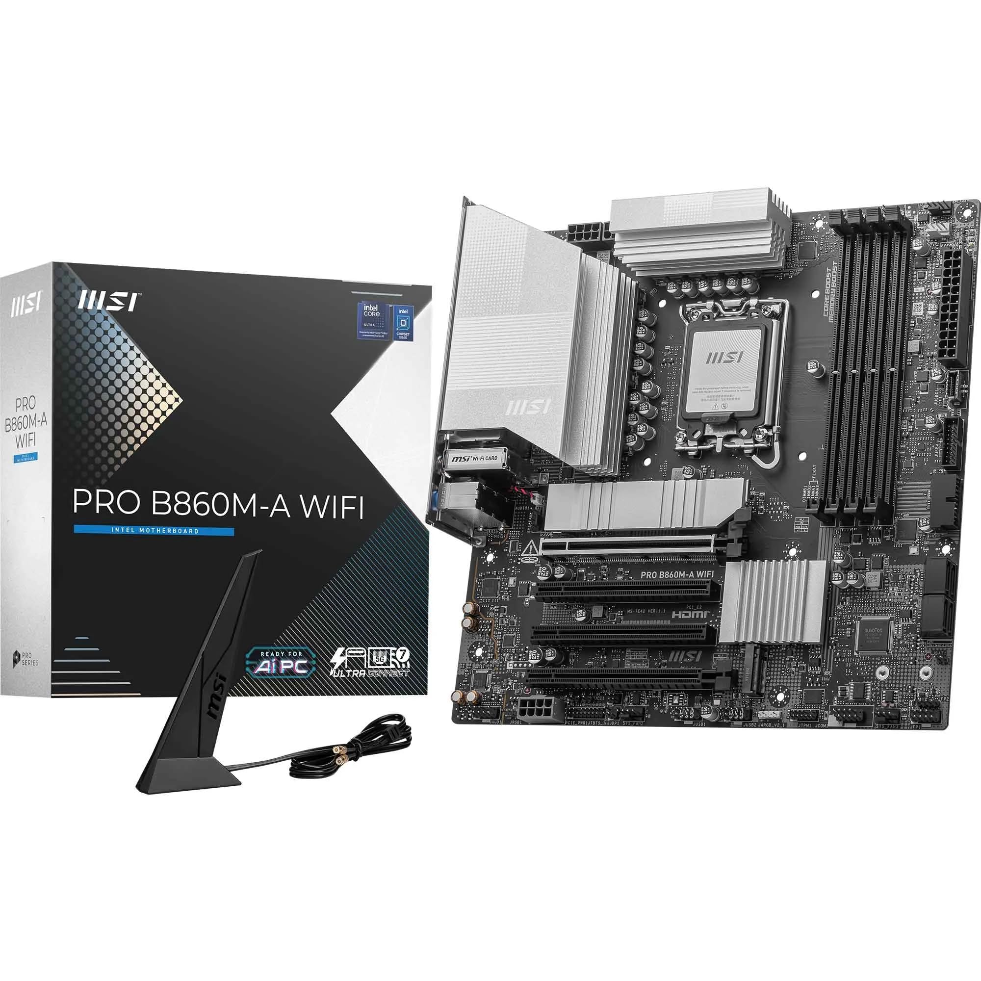 MSI PRO B860M-A WiFi Motherboard, mATX - Supports Intel Core Ultra Processors (Series 2), LGA 1851-12 DRPS, DDR5 Memory Boost (8600+ MT/s OC), PCIe 5.0 x16 & 4.0 x16, M.2 Gen5, Wi-Fi 7, 5G LAN