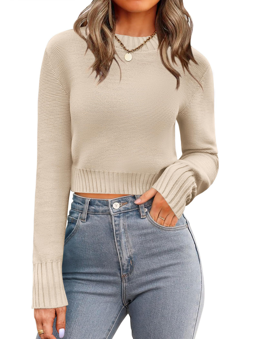 Zeagoo Women's 2025 Fall Crewneck Cropped Sweater Trendy Long Sleeve Ribbed Knit Pullover Jumper Tops Beige