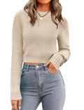 Zeagoo Women's 2025 Fall Crewneck Cropped Sweater Trendy Long Sleeve Ribbed Knit Pullover Jumper Tops Beige