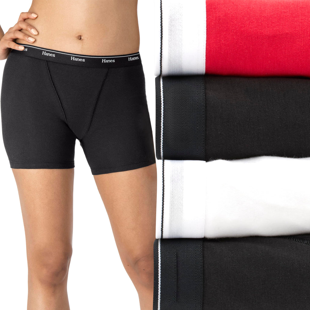 Hanes Women's Originals Mid-Thigh Boxer Brief Pack, Stretch Cotton Panties, Assorted, 4-Pack