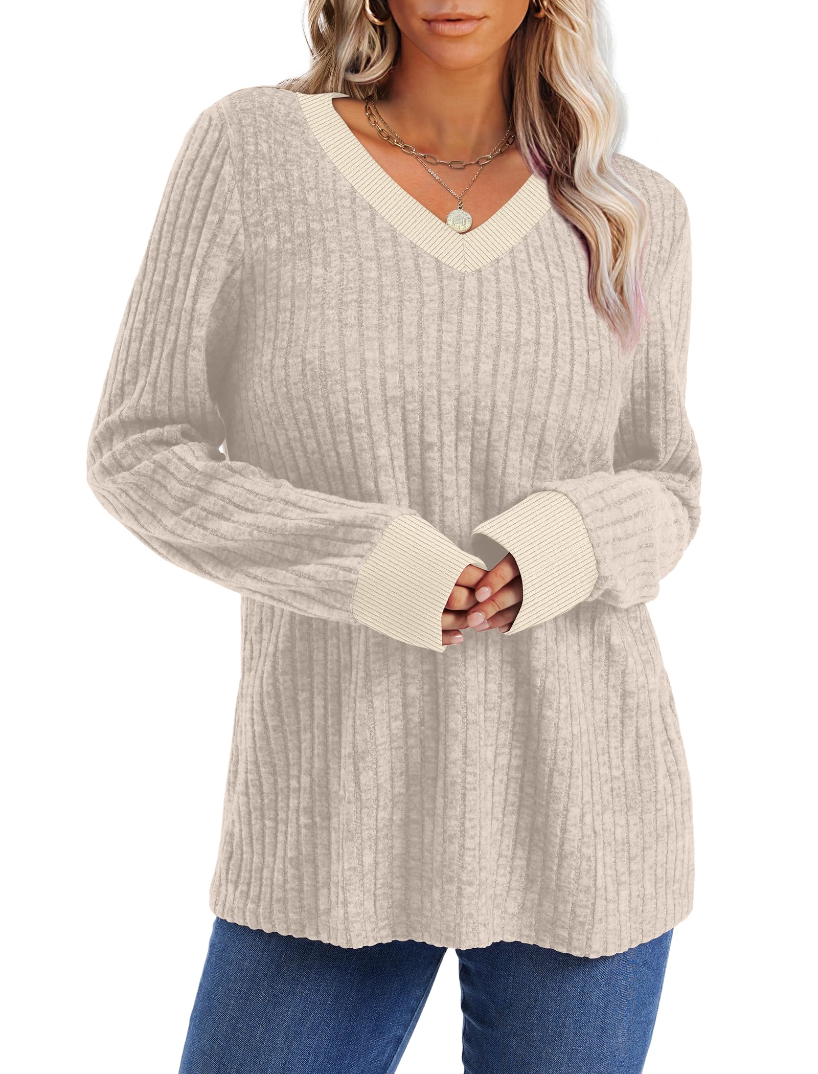 Sampeel V Neck Sweaters for Women Fall Trendy 2025 Long Sleeve Work Shirts Dressy Casual Tops Fashion Outfits Khaki M