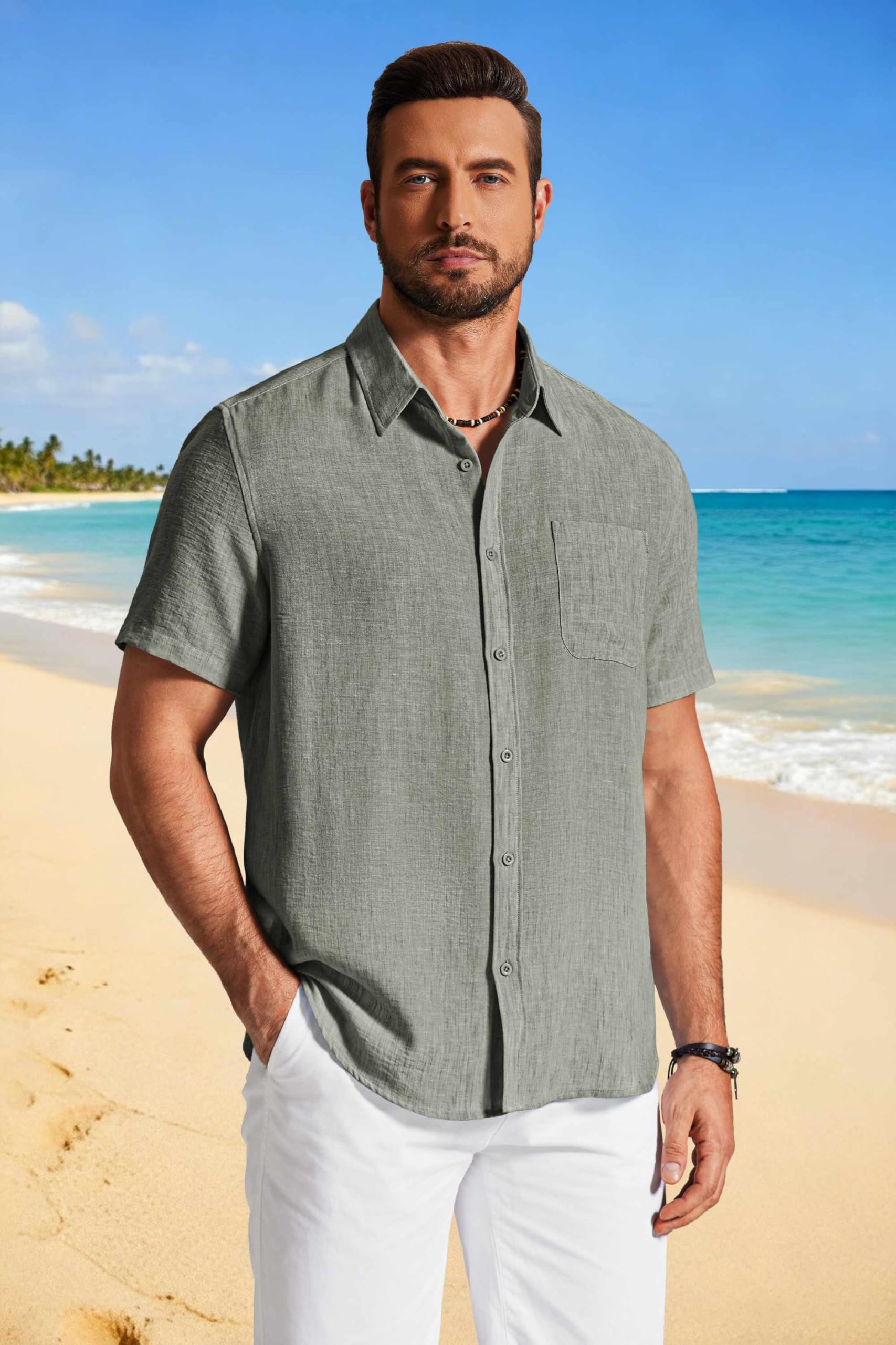 COOFANDY Men's Button Down Shirts Short Sleeve Casual Shirt Summer Beach Textured Shirts Army Green