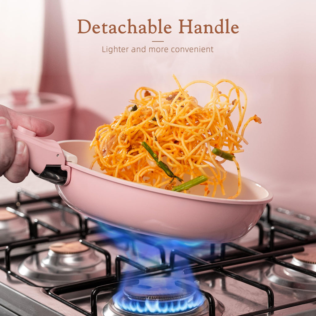 Astercook 21 Pcs Pots and Pans Non Stick Ceramic Cookware Set, Detachable Handles, RV Kitchen Cooking Set, Oven Safe, Induction Ready, Stackable, Pink