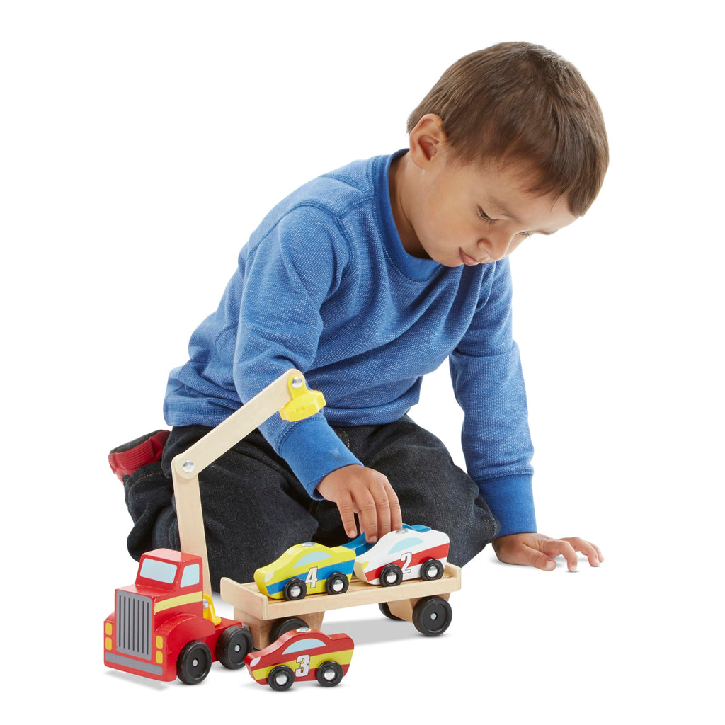 Melissa & Doug Magnetic Car Loader Wooden Toy Set with 4 Cars and 1 Semi-Trailer Truck Crane Wooden Toy, Vehicle Toys for Kids Ages 3+