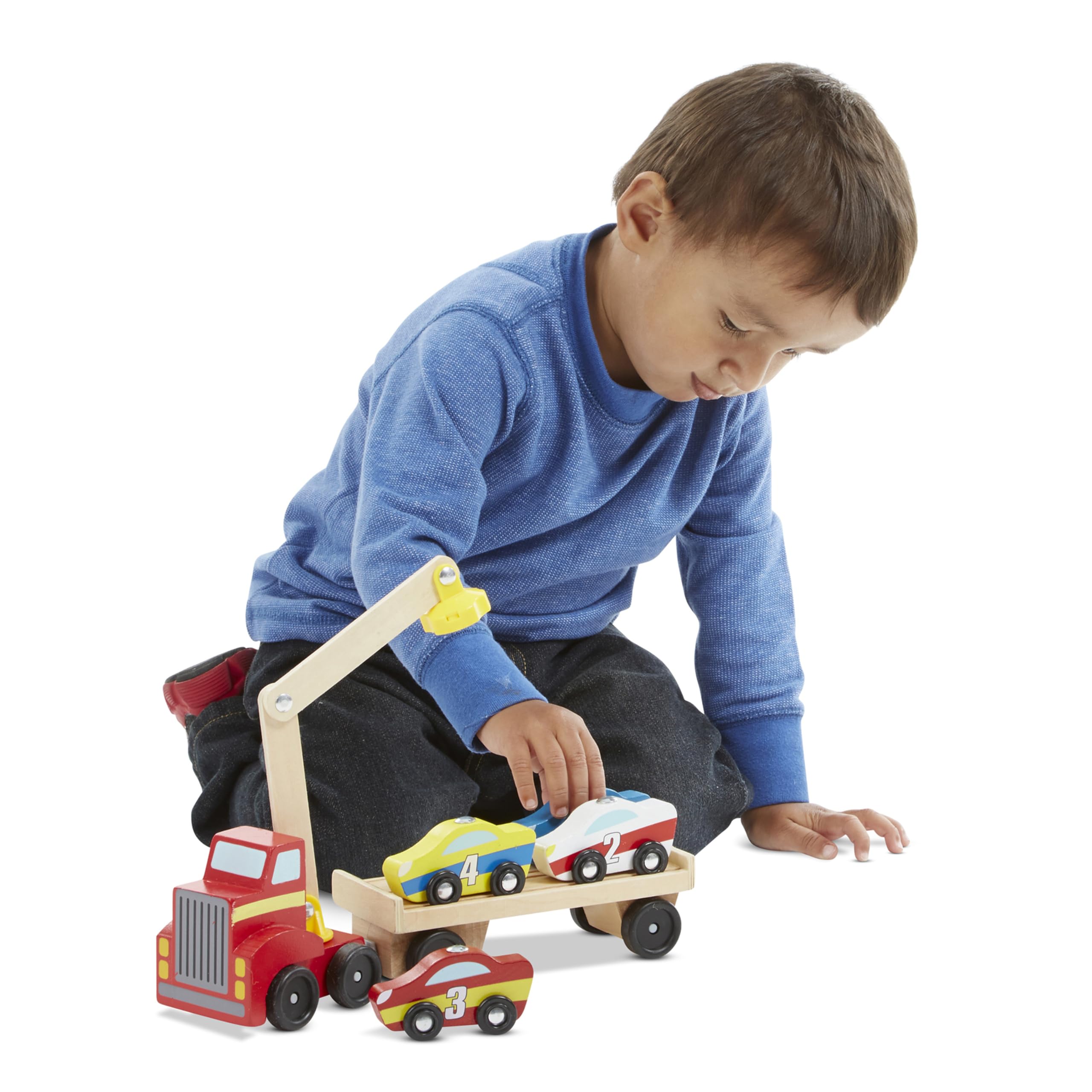 Melissa & Doug Magnetic Car Loader Wooden Toy Set with 4 Cars and 1 Semi-Trailer Truck Crane Wooden Toy, Vehicle Toys for Kids Ages 3+