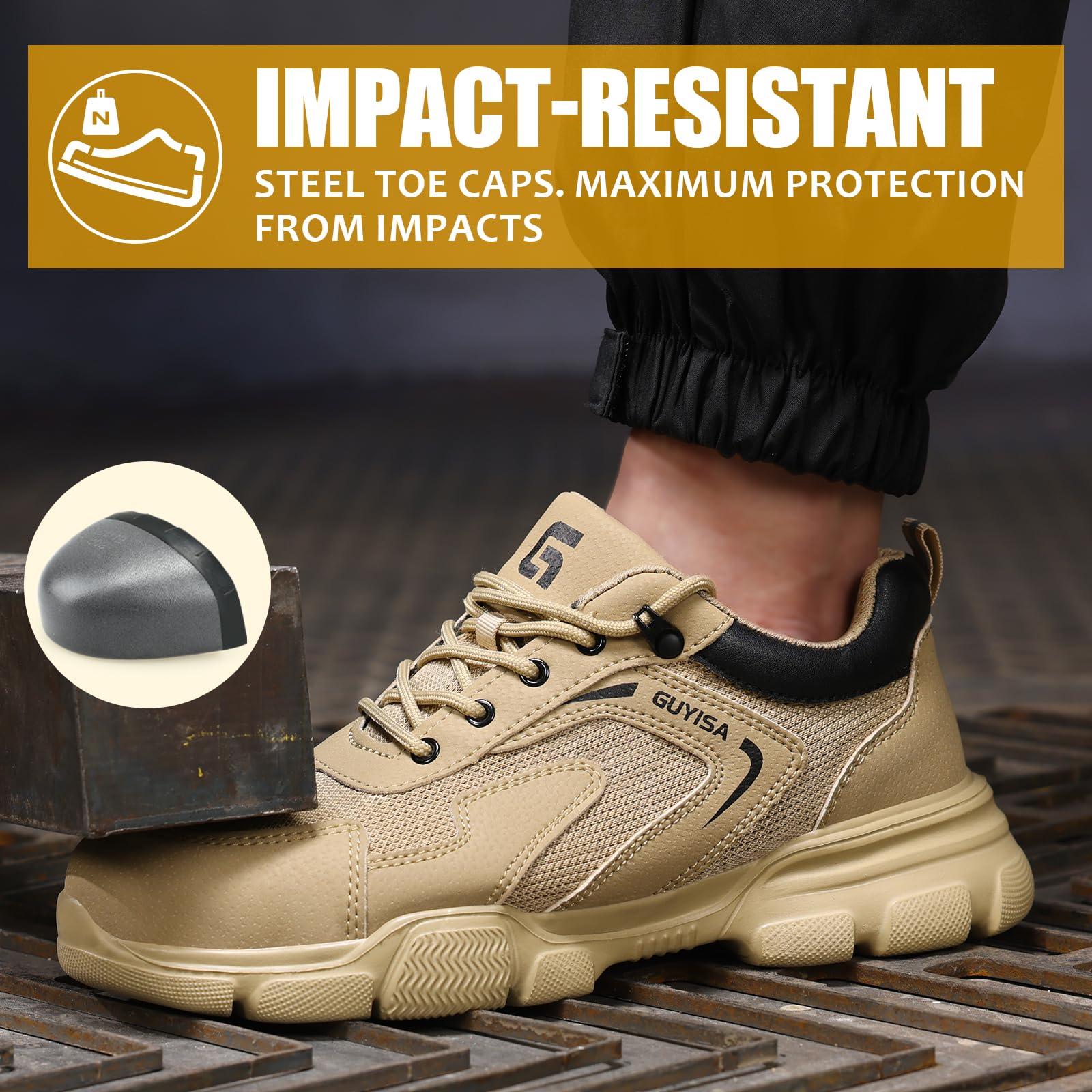 Gsutenmre Steel Toe Shoes for Men Lightweight Work Shoes Men Puncture Resistant Safety Footwear Industrial Shoe Comfortable for Construction Warehouse Jobs Khaki