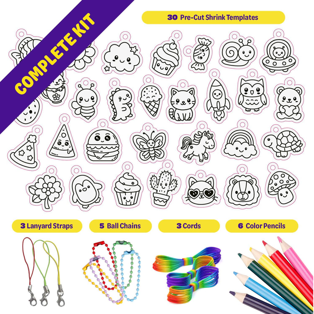 Dan&Darci Shrink Art Craft Kit for Girls and Boys Ages 6-12 - Shrink Magic Charm Making Kit with 30 Pre-Cut Shrink Plastic Templates - Kids Craft Birthday Gift for 7 8 9 10 Year Olds