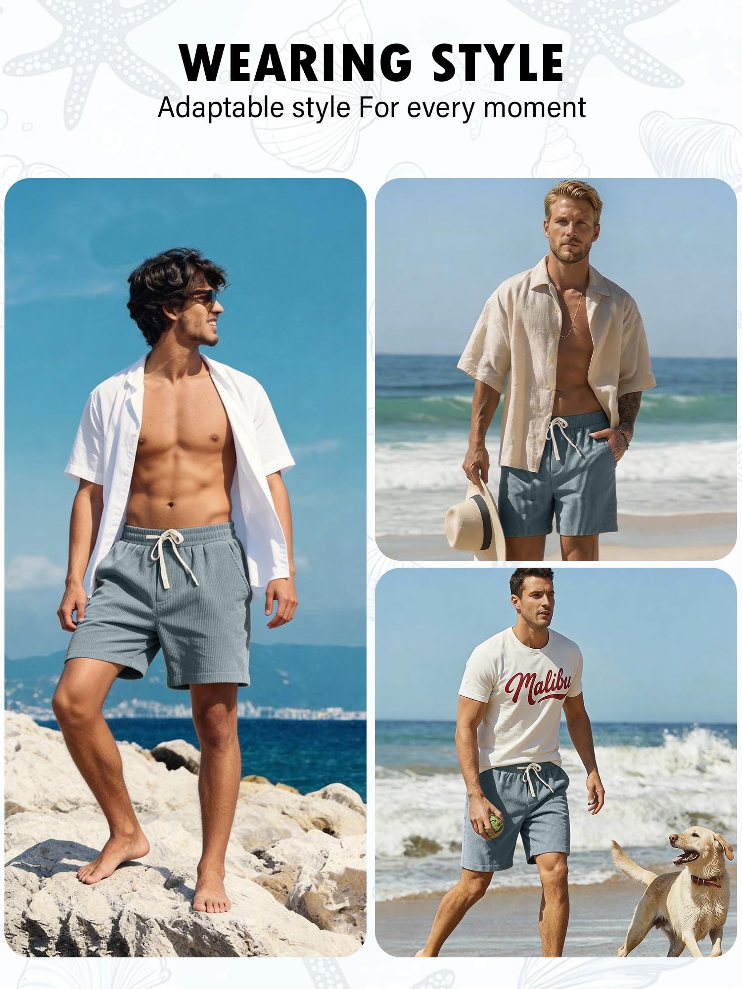 JEMLDL Corduroy Shorts for Men Elastic Waist Drawstring Lightweight Summer Beach 5 inch Inseam Shorts Men US 34 Medium Light Blue