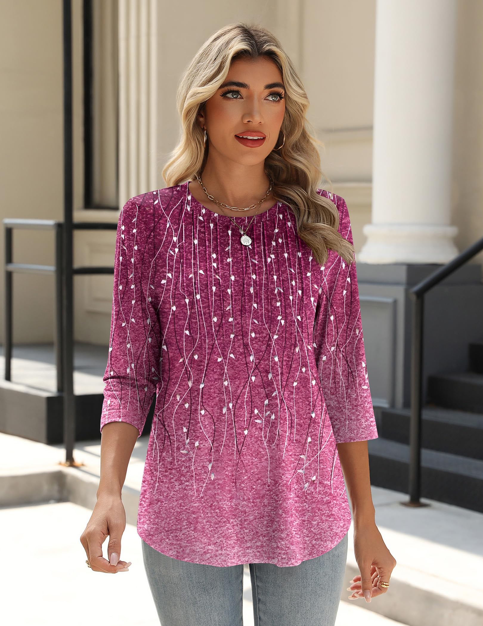 Zeagoo Womens 3/4 Length Sleeve Tops Dressy Casual Crewneck Tunics Leaves Print Pleated Blouses Going Out Cute Summer Shirts