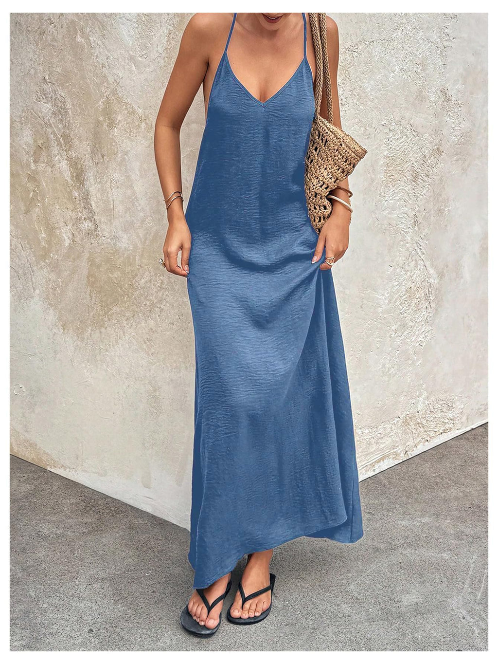 Verdusa Women's Backless Cami Dresses Linen Maxi Dress Sundress Open Back Vacation Beach Summer Outfits Dark Blue Small