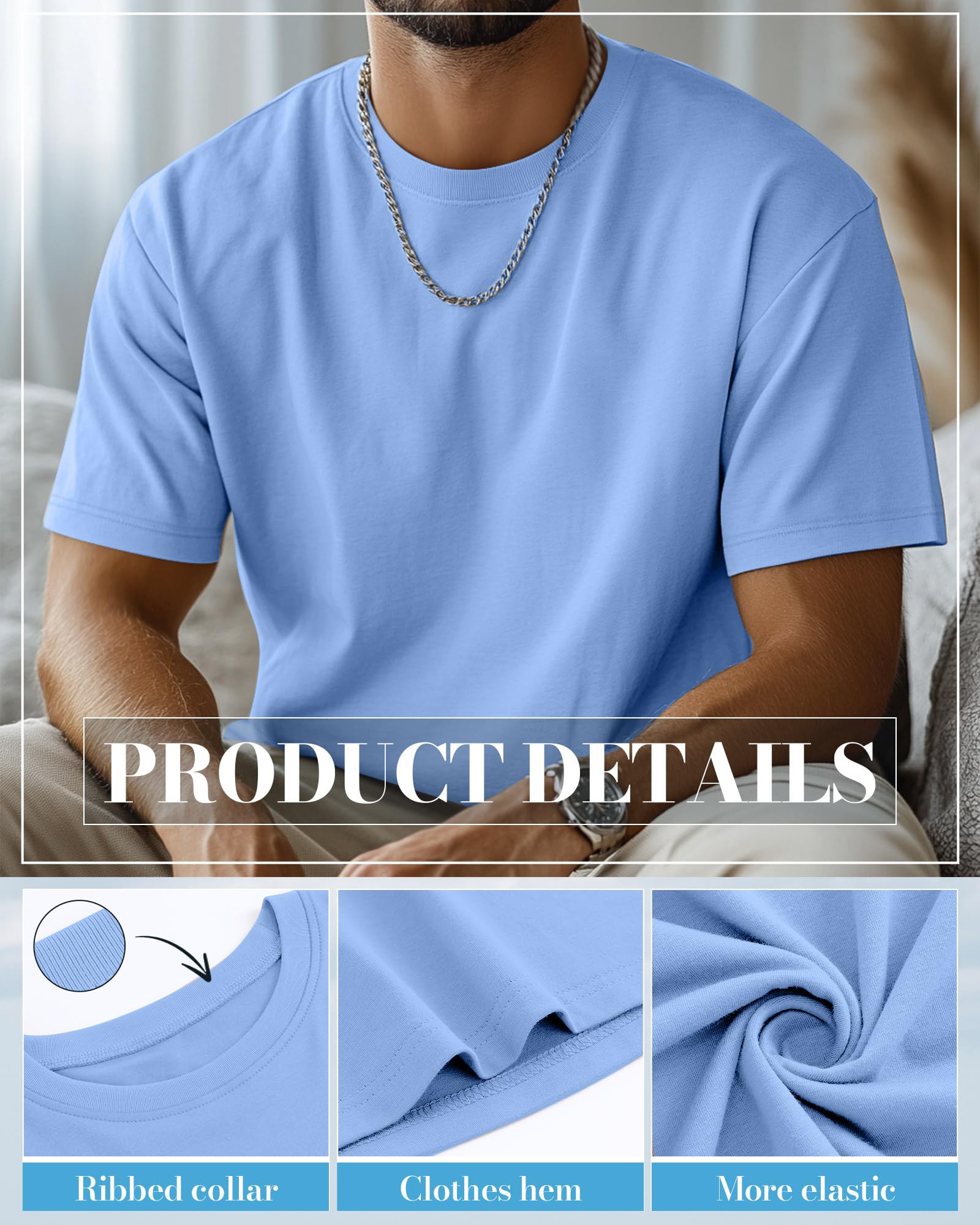 Ficerd 5 Pack Men's Big and Tall Shirts Short Sleeve Cotton Tee Summer Crew Neck Oversize Top Loose Fit Shirt Multipack(Black, Army Green, Sky Blue, Teal, Lavender Purple,6X-Large)