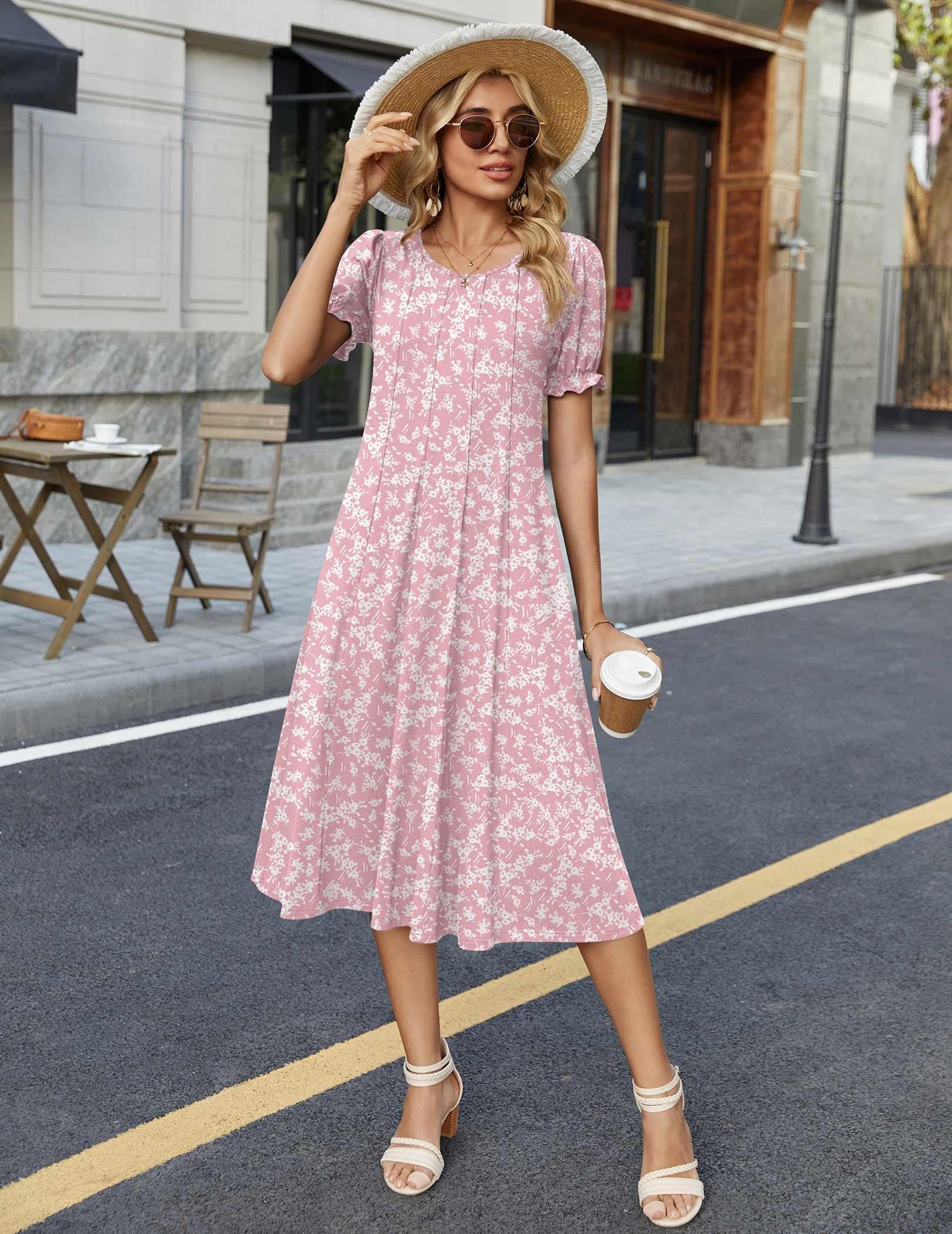 Zeagoo Womens Spring Midi Dress with Pockets Pink Floral Dresses Short Sleeve Casual Dress 2026 Long Sundress, Pink Floral,M