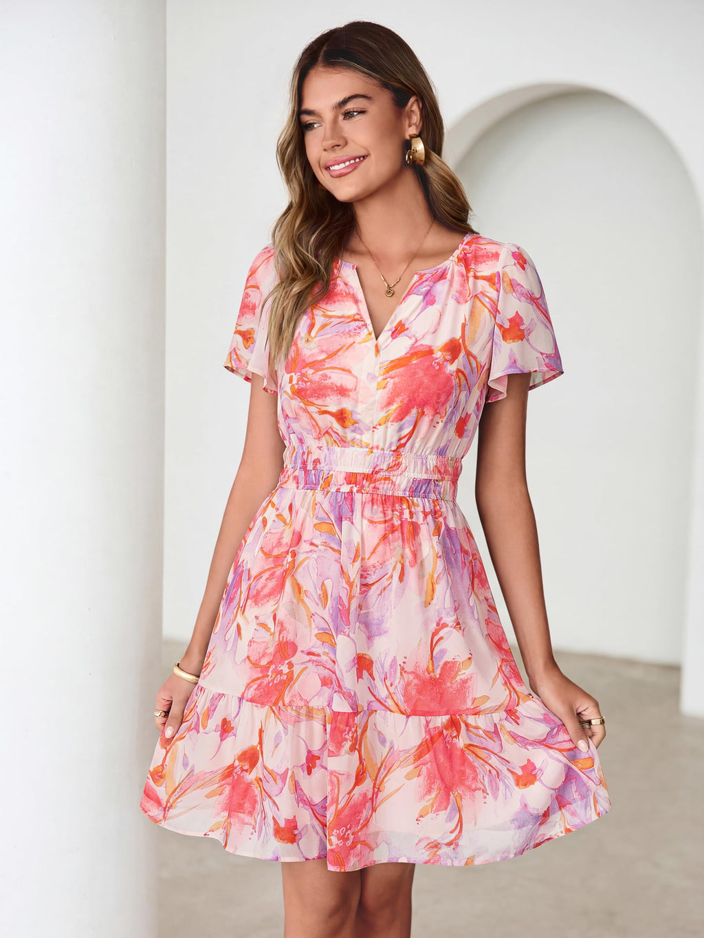 Simplee Women 2026 Floral Summer Short Dress Short Sleeves V Neck Chiffon A-Line Casual Flowy Boho Mini Dresses Pink Purple Floral L