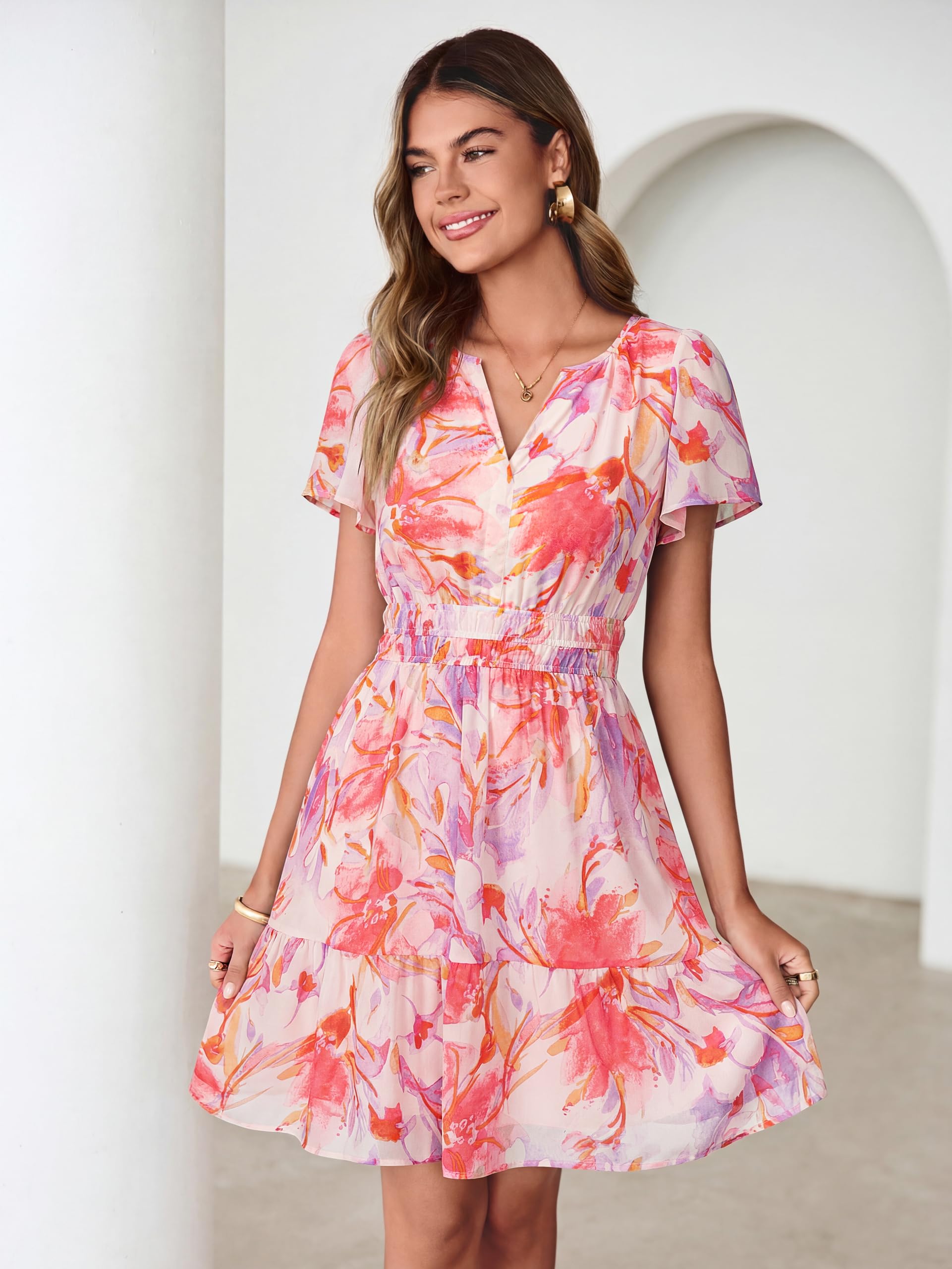 Simplee Women 2026 Floral Summer Short Dress Short Sleeves V Neck Chiffon A-Line Casual Flowy Boho Mini Dresses Pink Purple Floral L