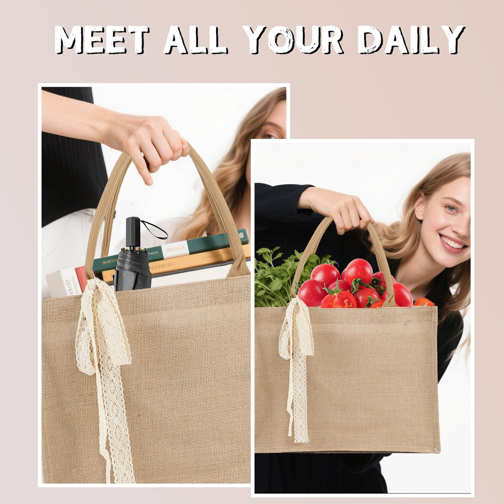 8pcs Burlap Tote Bag Set with Handles, Waterproof Reusable Blank Water Resistant Grocery Bags with Ribbon Large Jute Tote 15.35*6*12 In for Women Bridesmaid Gift Christmas Shopping Wedding Travel DIY