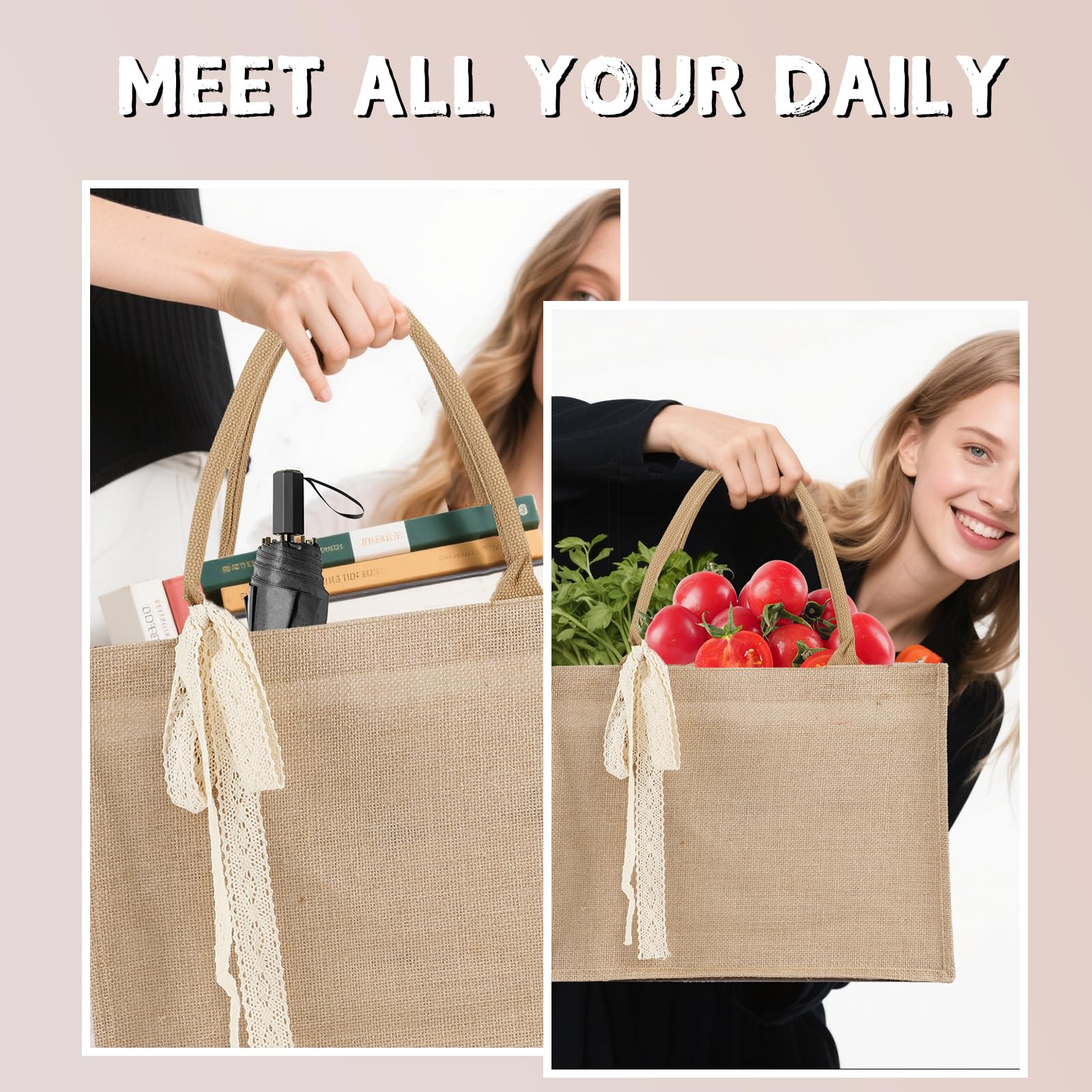 8pcs Burlap Tote Bag Set with Handles, Waterproof Reusable Blank Water Resistant Grocery Bags with Ribbon Large Jute Tote 15.35*6*12 In for Women Bridesmaid Gift Christmas Shopping Wedding Travel DIY