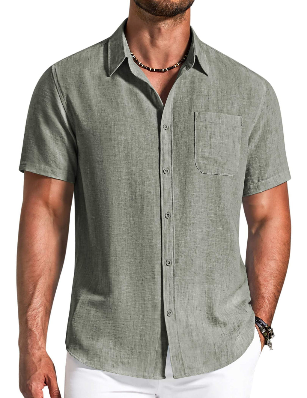 COOFANDY Men's Button Down Shirts Short Sleeve Casual Shirt Summer Beach Textured Shirts Army Green