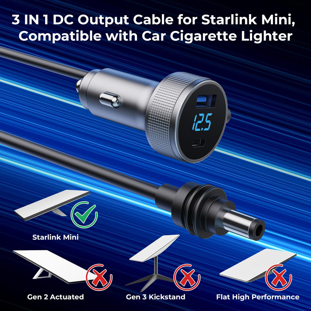 Starlink Mini Cable, 3 in 1 Starlink Mini Car Charger DC Power Cable+ Cigarette Lighter Adapter 12V-48V with Digital Display, Durable USB C PD 40W and USB A 35W Ports for Trucks and Cars (10FT)