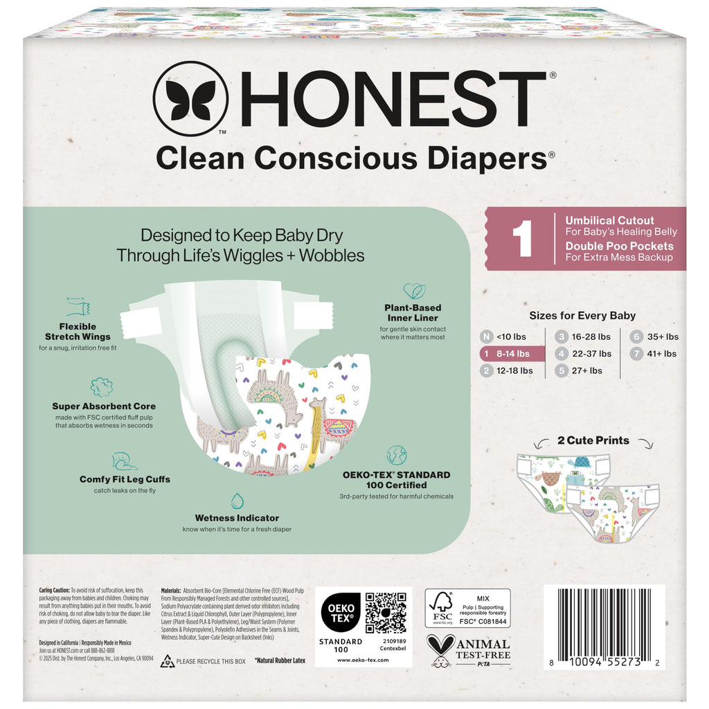 The Honest Company Comfort Dry Disposable Diapers for Sensitive Skin, Hypoallergenic, All The Alpacas + Turtle Time, Club Box Size 1 (8-14 lbs) 78 Count