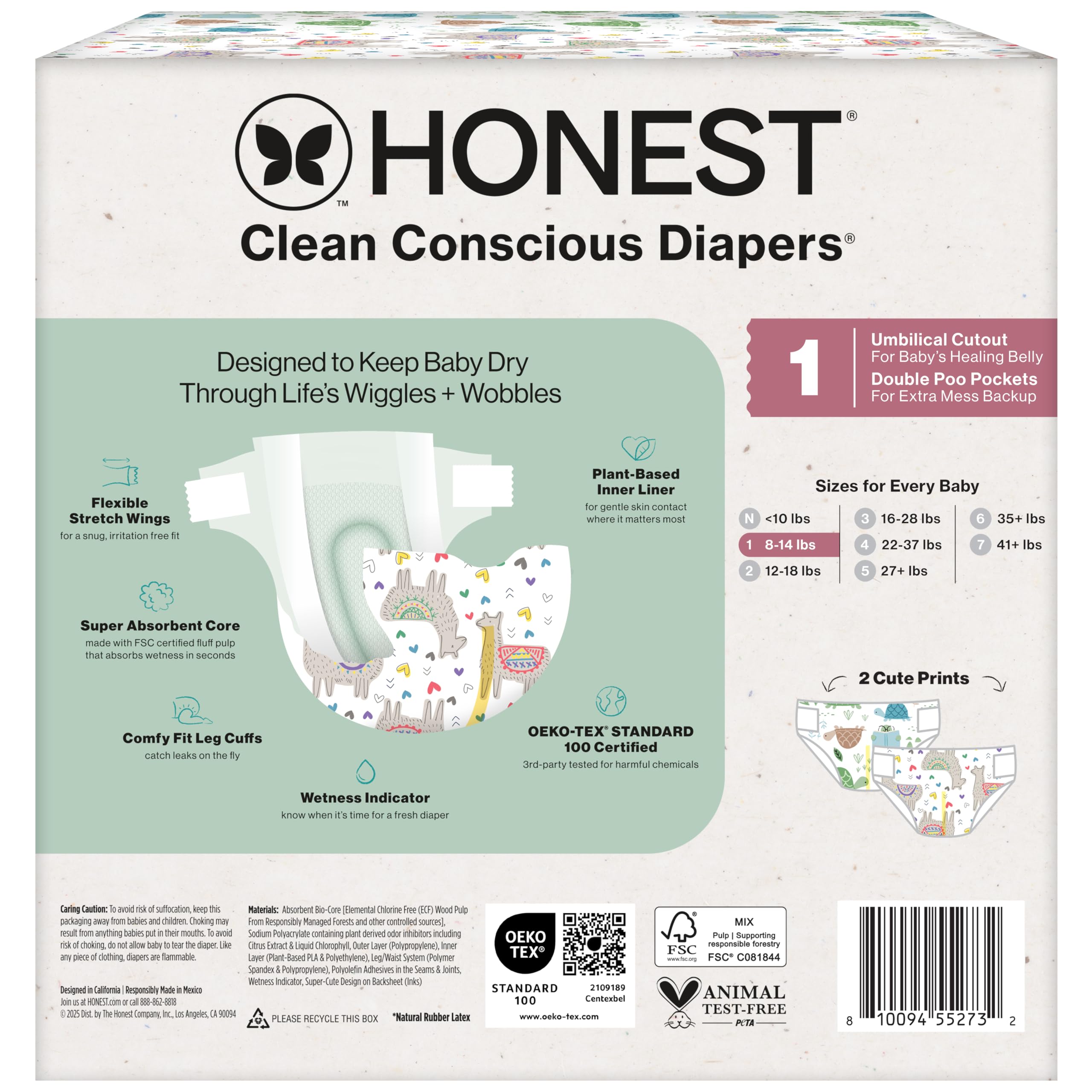 The Honest Company Comfort Dry Disposable Diapers for Sensitive Skin, Hypoallergenic, All The Alpacas + Turtle Time, Club Box Size 1 (8-14 lbs) 78 Count