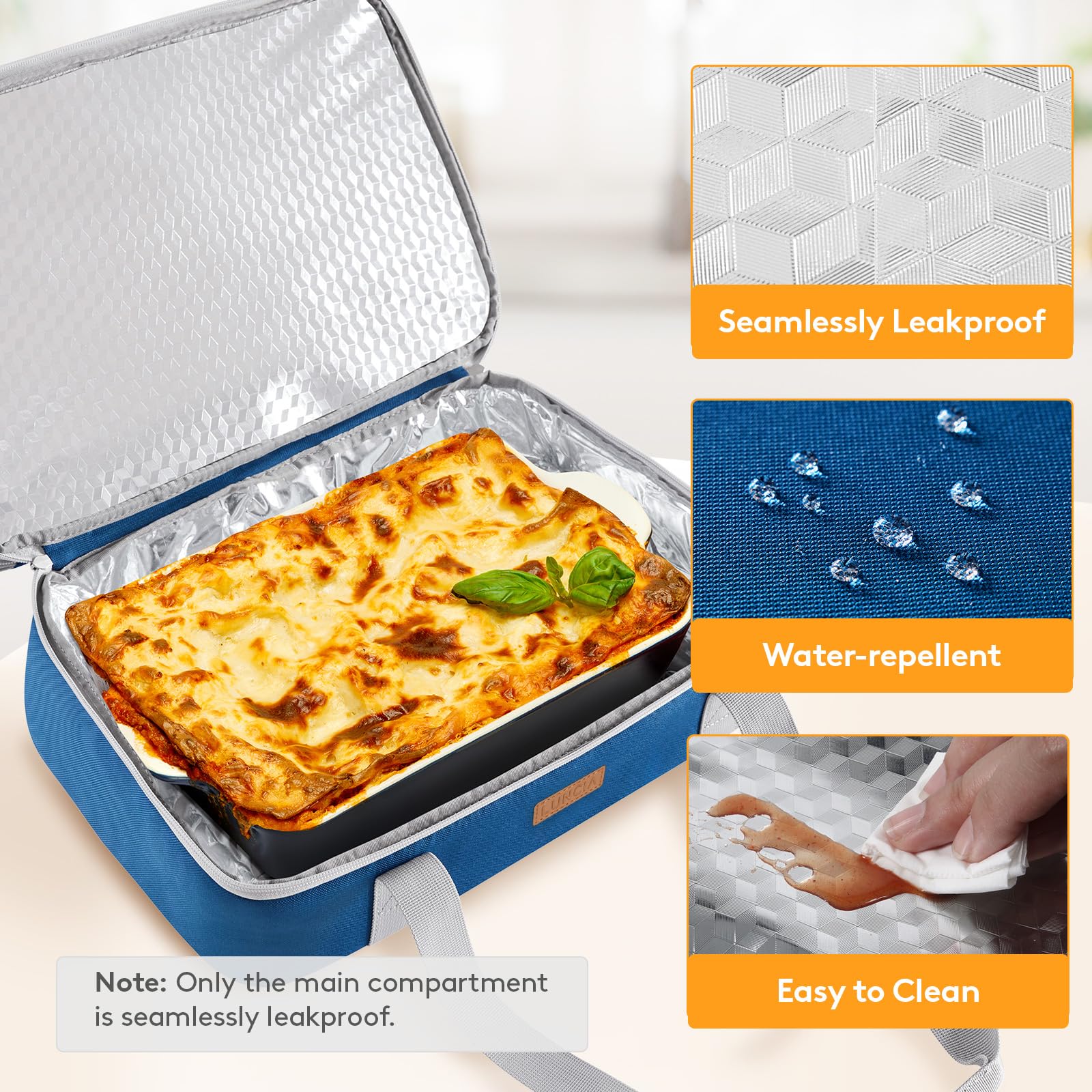 LUNCIA Insulated Double Decker Casserole Carrier, Lasagna Lugger Tote Keeps Food Hot or Cold, Thermal Lunch Bag for Potluck Parties, Picnic and Cookouts, Fits 9" x 13" Baking Dish, Pure Blue