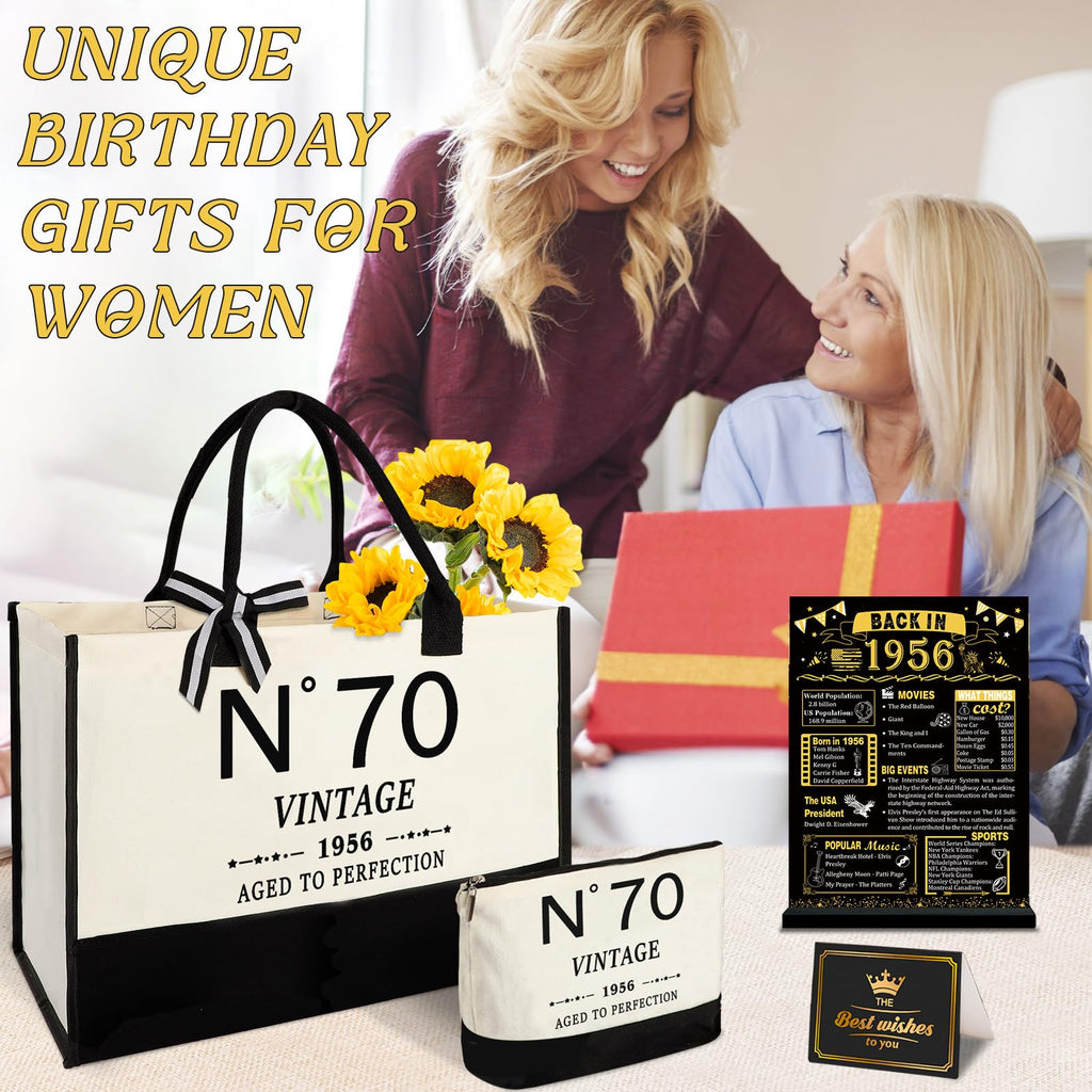 YeohJoy 70th Birthday Gifts for Women Canvas Tote Bag Travel Gear, Unique 70 Years Old Gifts for Wife Mom Sister Aunt Friends Her, Vintage N°70 Handbag & Cosmetic Bag & Back in 1956 Poster