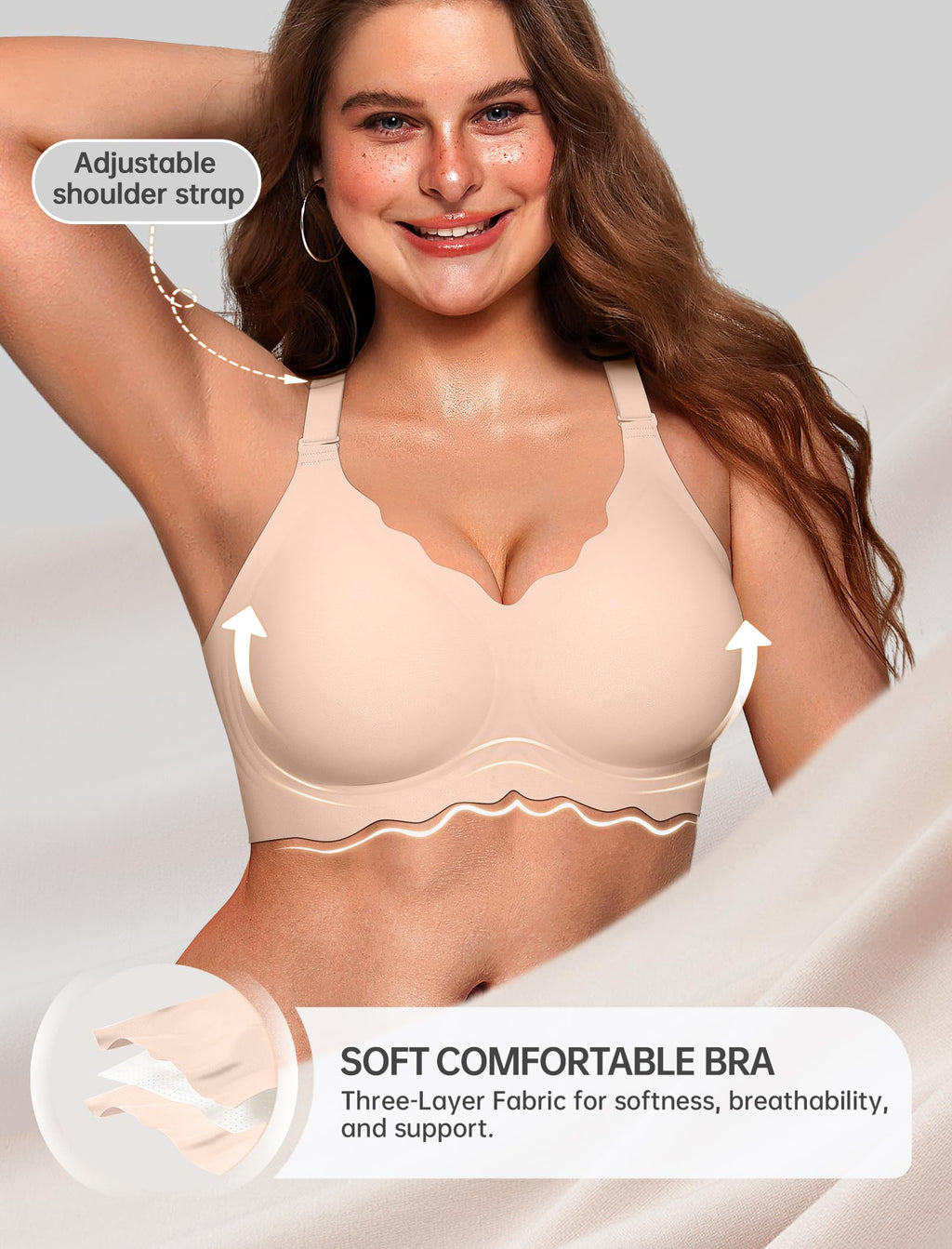 OEAK Women Jelly Bras No Underwire Scalloped Push Up Buttery Soft Tshirt Bra Seamless Full Coverage Convertible Everyday Bra Nude,L