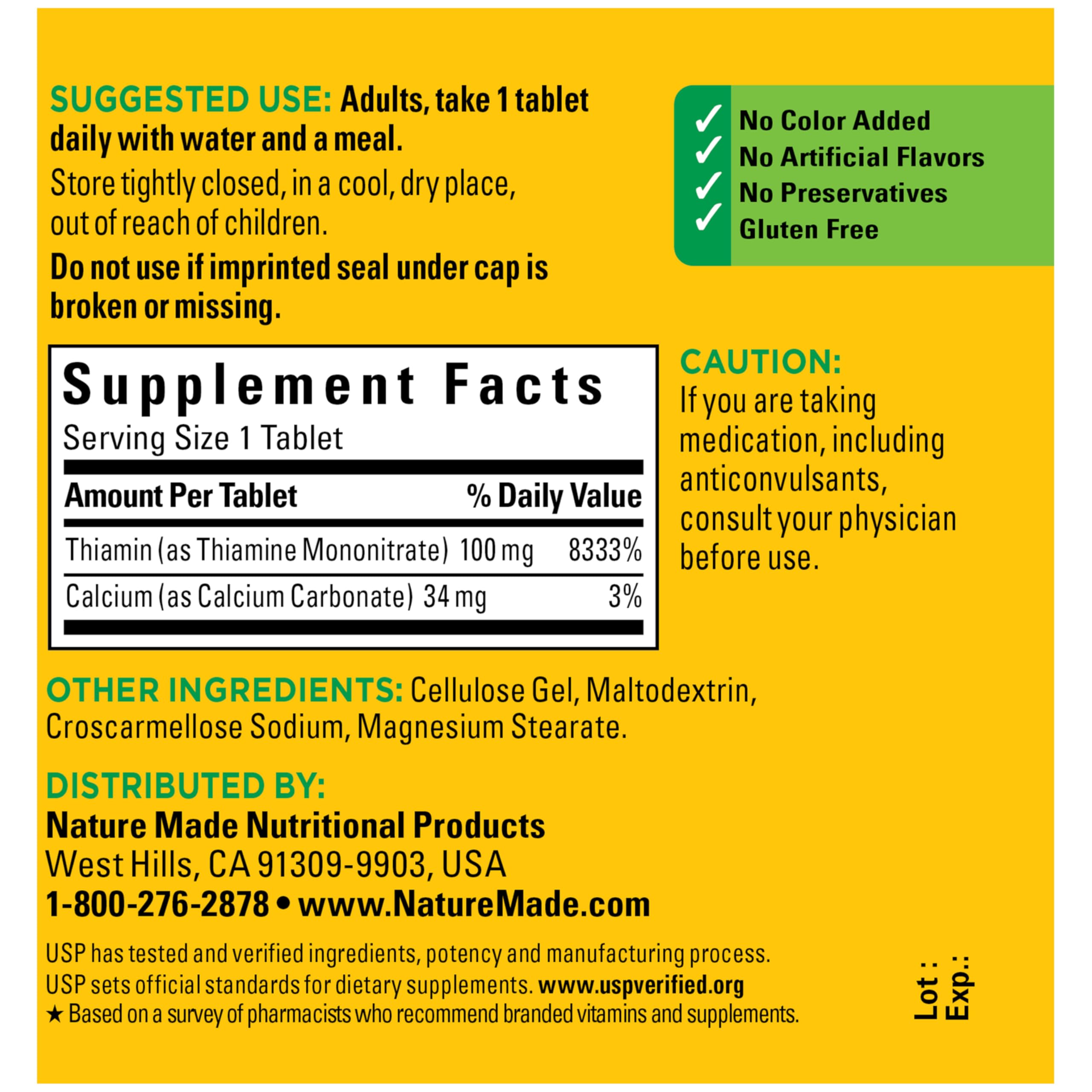 Nature Made Vitamin B1 100mg, Thiamine B1 Supplement for Energy Metabolism Support, 100 Tablets, 100 Day Supply